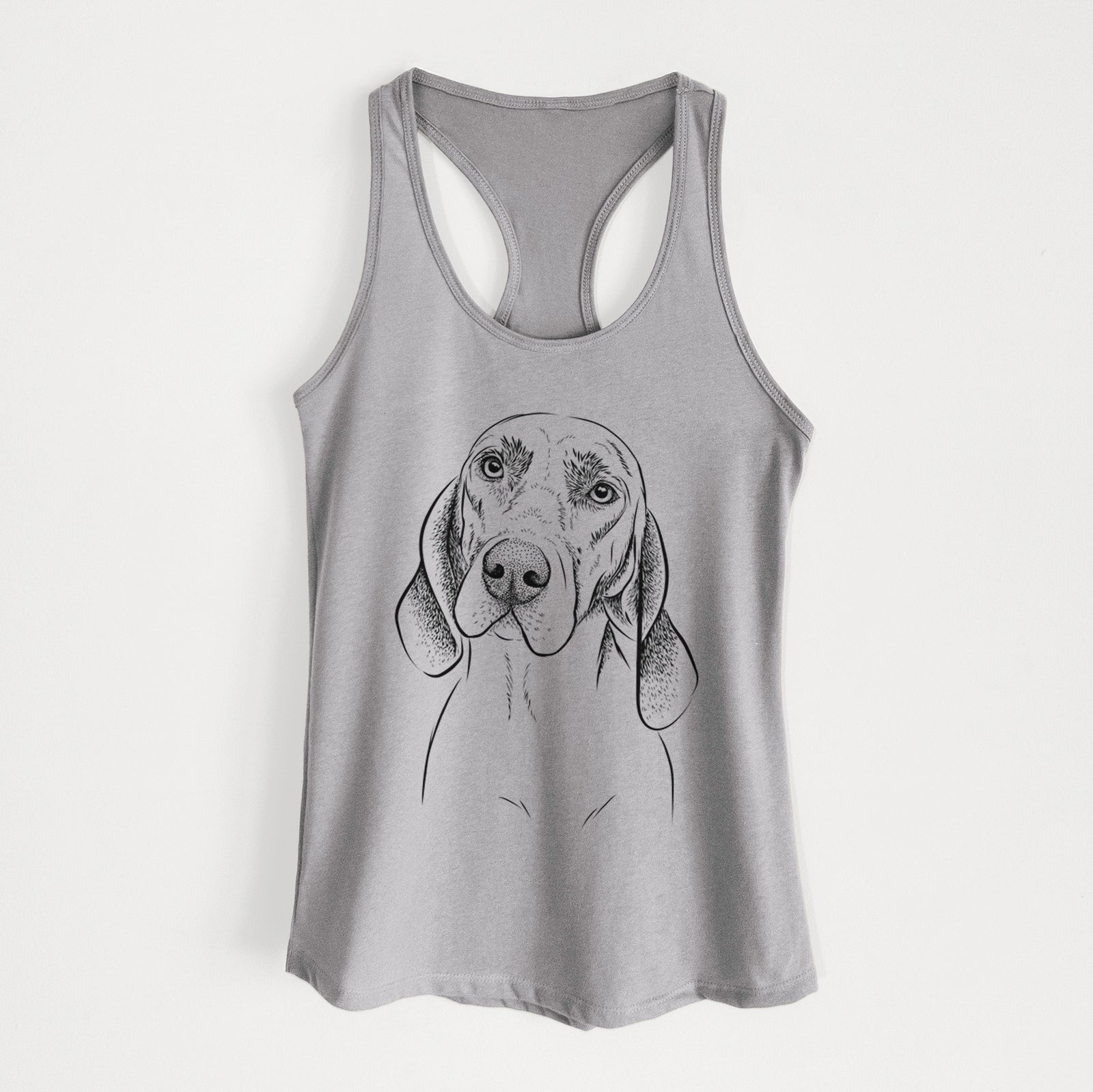 Hand-drawn sketch of Norman the Plott Hound on a Heather Grey Women's racerback tanktop