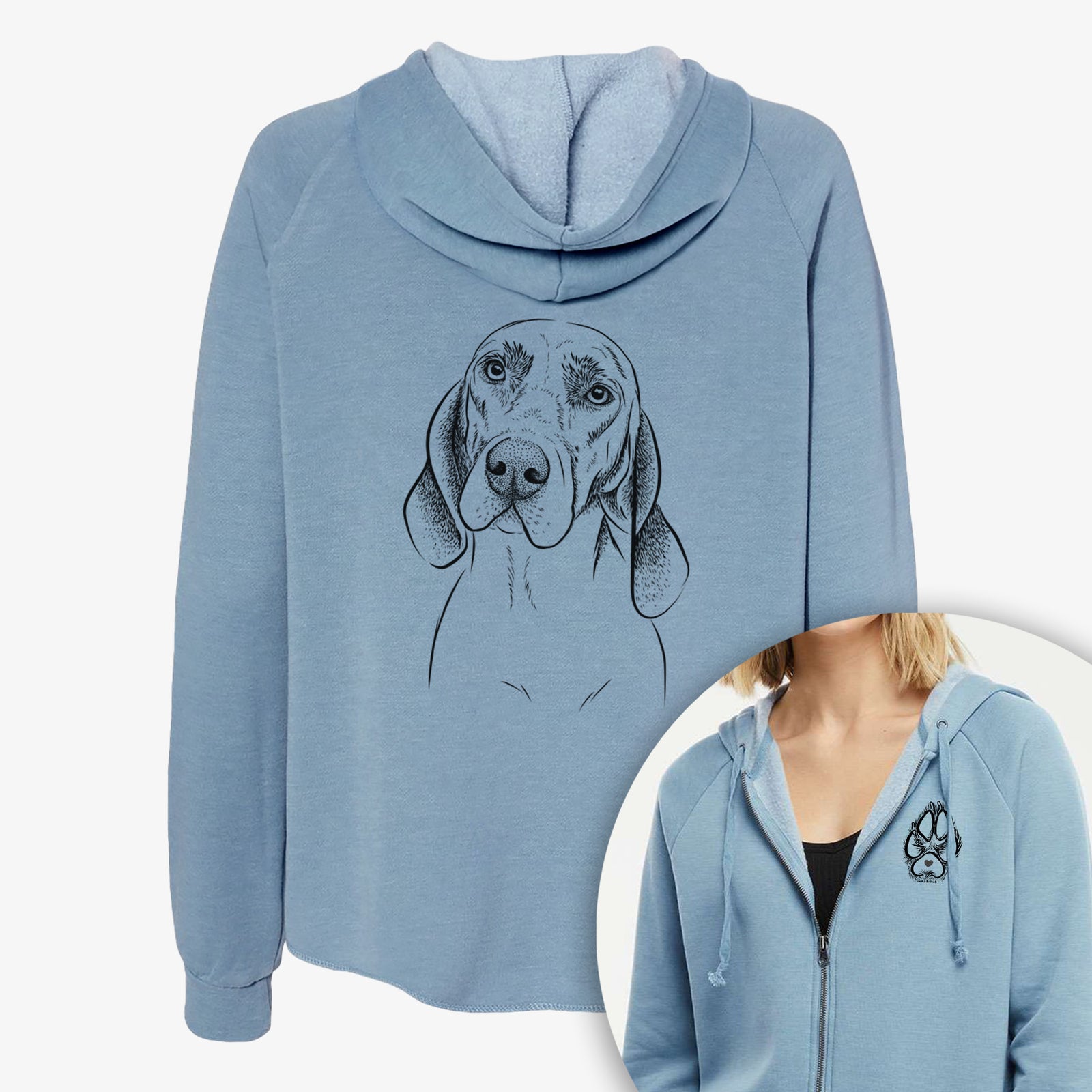 Hand-drawn sketch of Norman the Plott Hound on a Women's cali wave zip-up sweatshirt, shown with icons of the other available costume styles