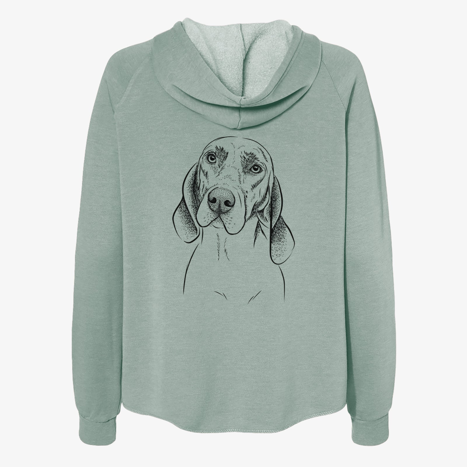 Hand-drawn sketch of Norman the Plott Hound on a Sage Women's cali wave zip-up sweatshirt