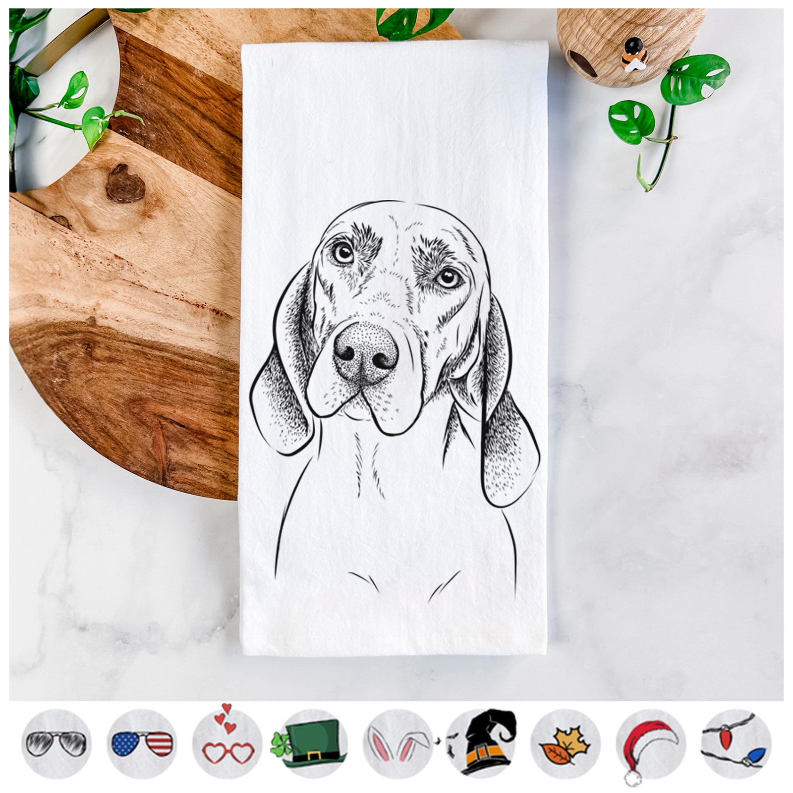 Hand-drawn sketch of Norman the Plott Hound on a tea towel, shown with icons of the other available costume styles