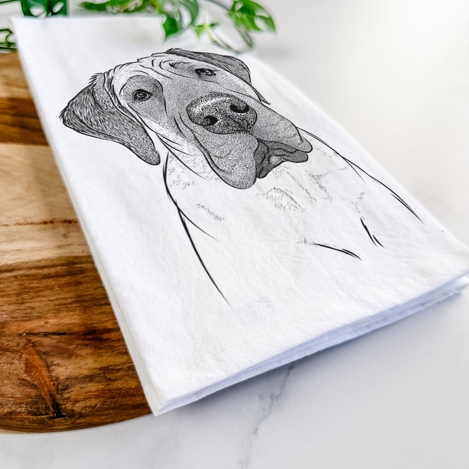 Hand-drawn sketch of Nutterbutter the English Mastiff on a tea towel