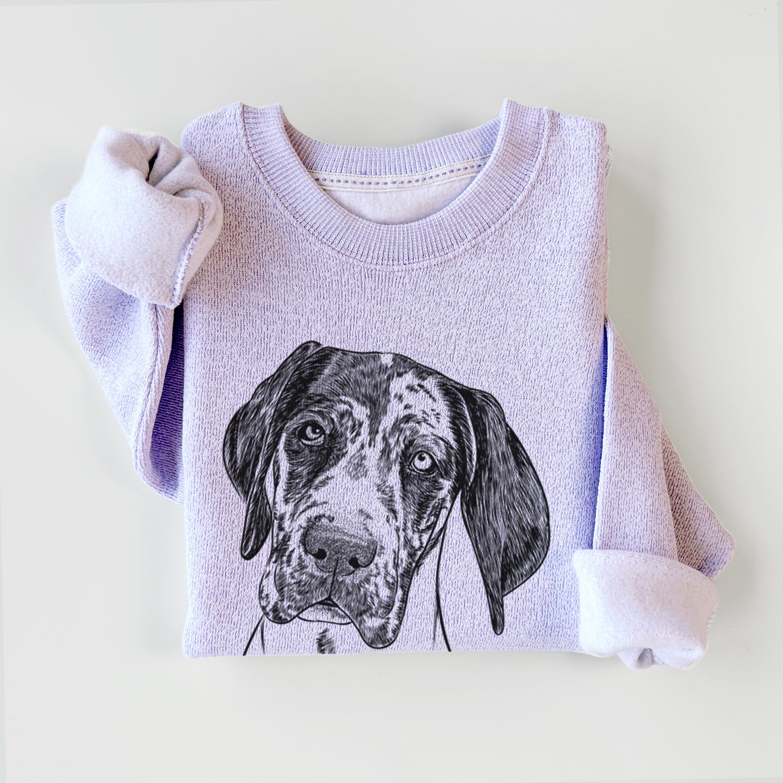 Hand-drawn sketch of Nyx the Great Dane on an Ice Purple knit sweatshirt