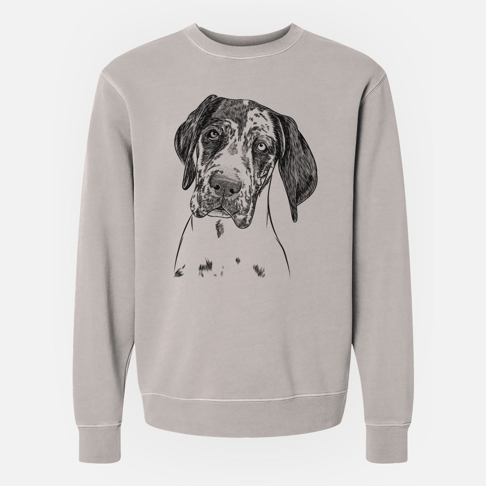Hand-drawn sketch of Nyx the Great Dane on a Cement Unisex pigment dyed crew sweatshirt