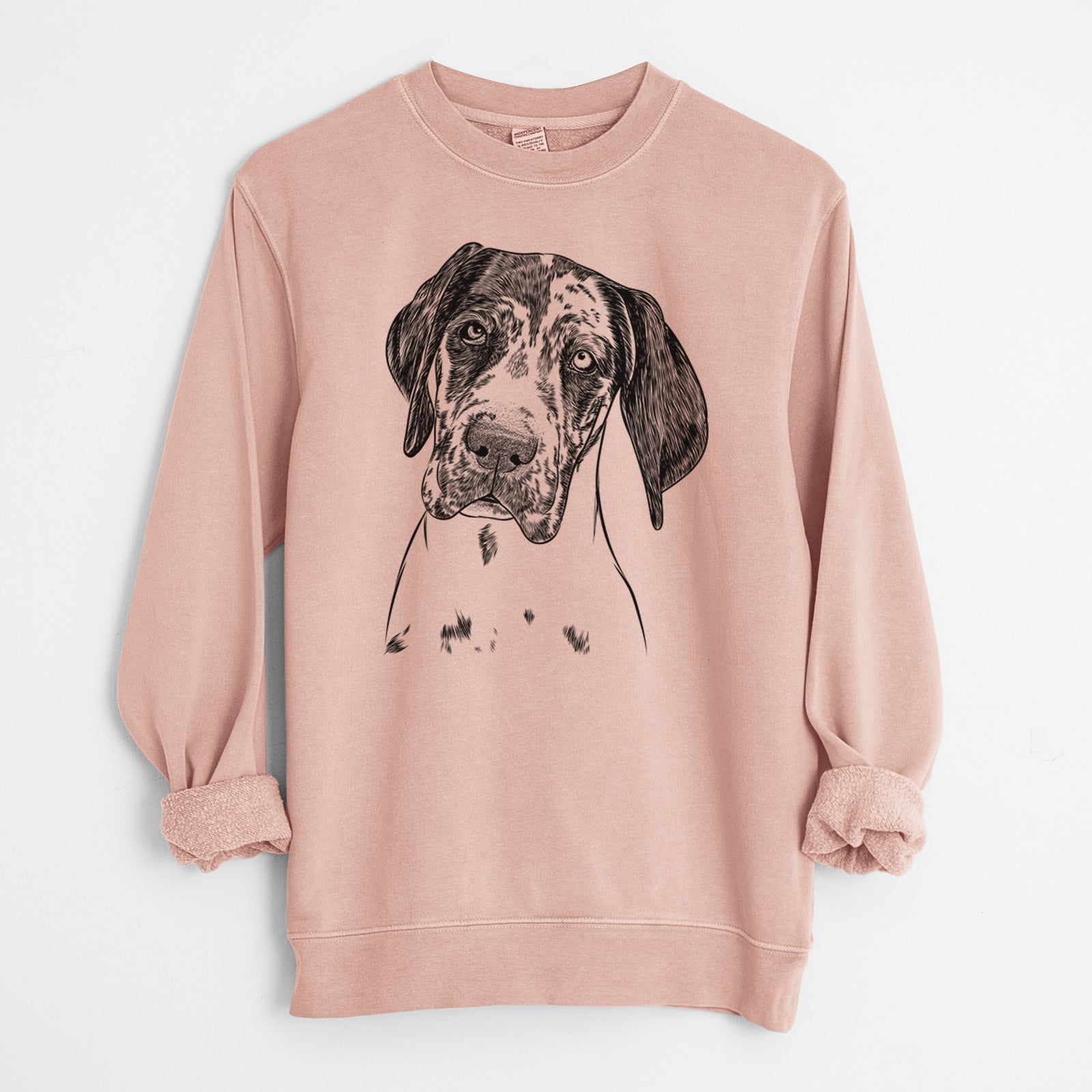 Hand-drawn sketch of Nyx the Great Dane on a Dusty Pink Unisex pigment dyed crew sweatshirt