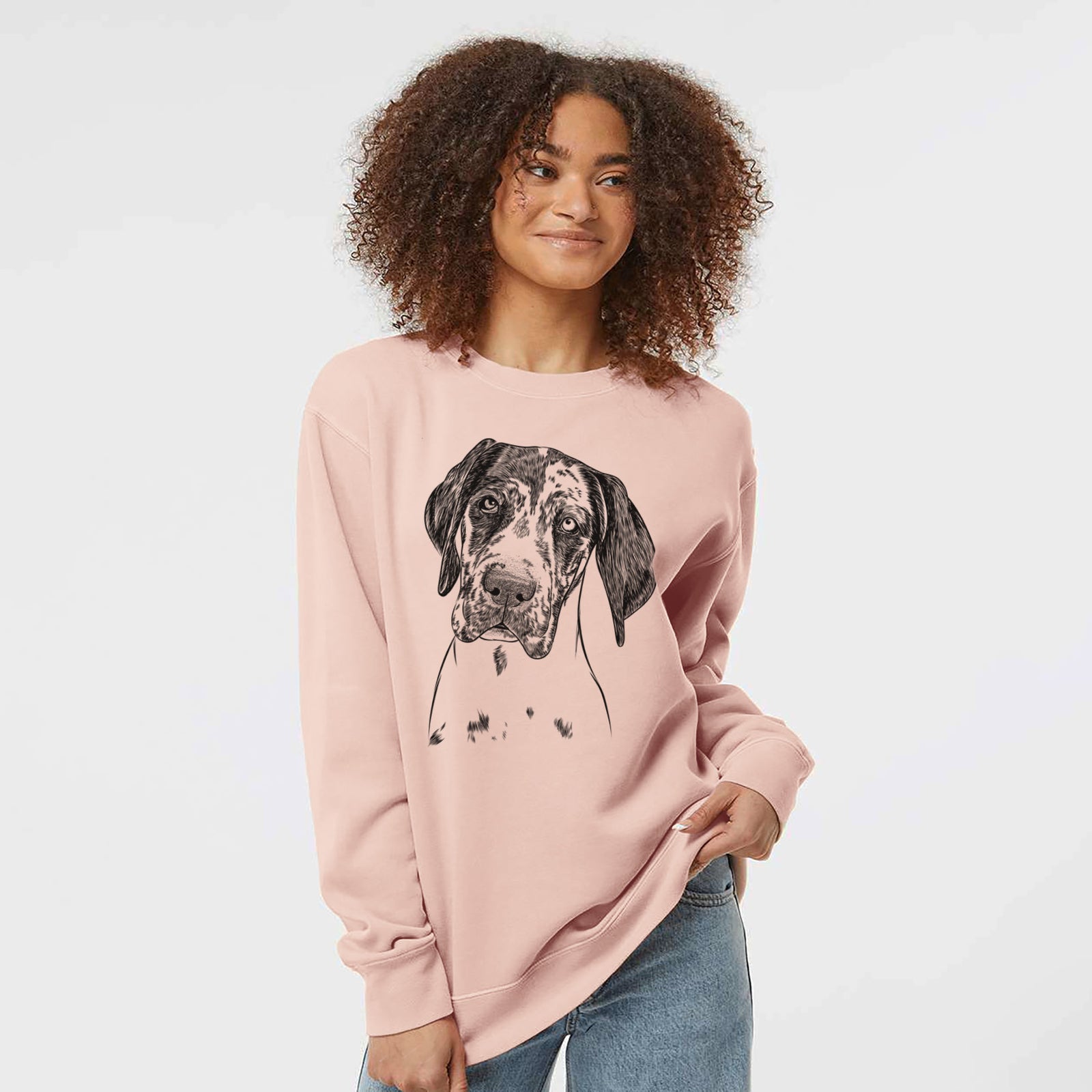 Hand-drawn sketch of Nyx the Great Dane on a Dusty Pink Unisex pigment dyed crew sweatshirt