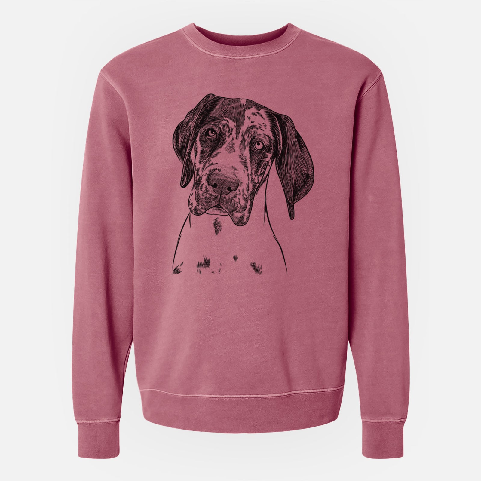 Hand-drawn sketch of Nyx the Great Dane on a Maroon Unisex pigment dyed crew sweatshirt