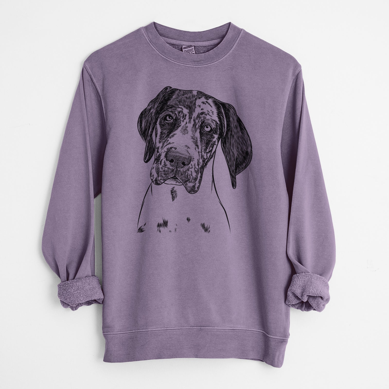 Hand-drawn sketch of Nyx the Great Dane on a Plum Unisex pigment dyed crew sweatshirt