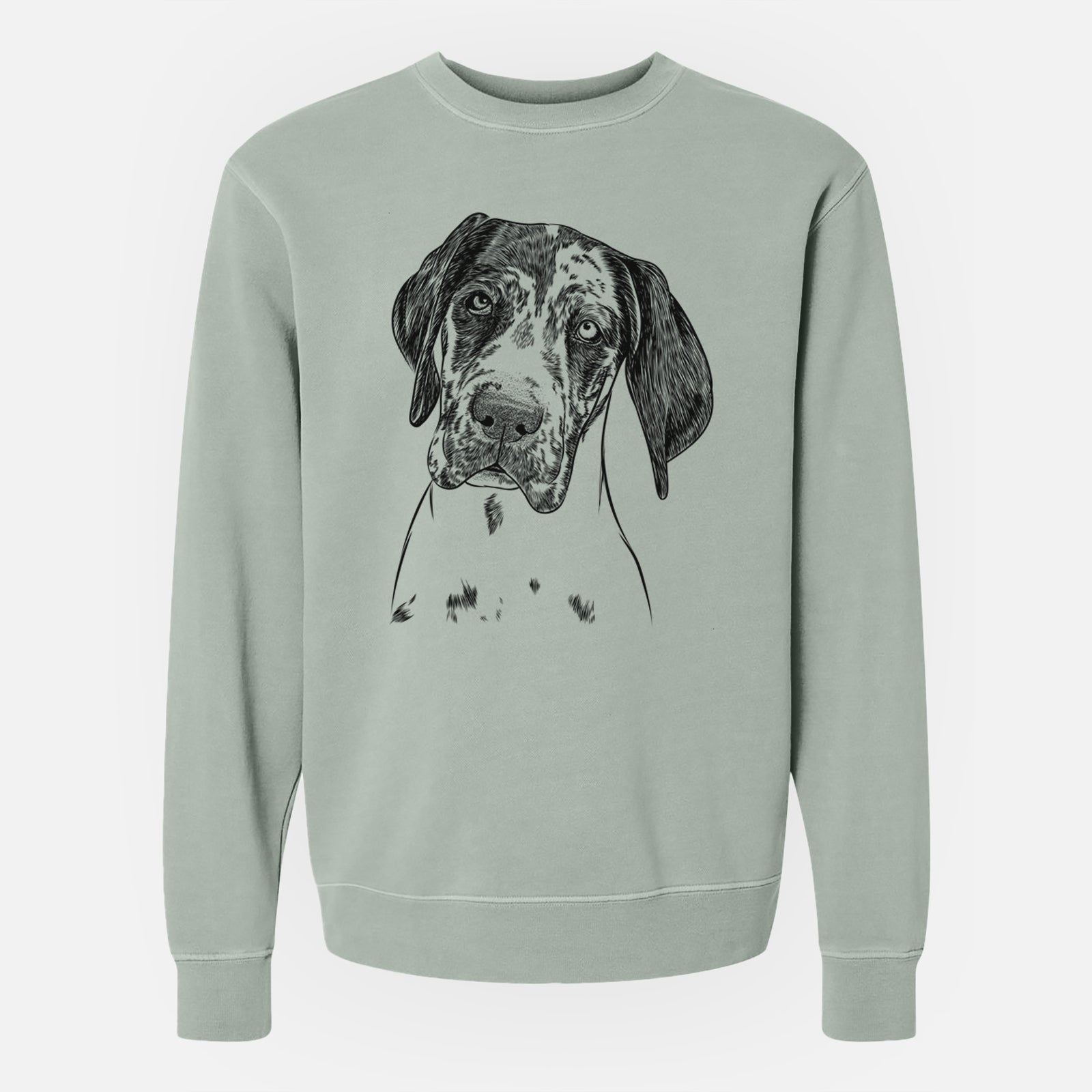 Hand-drawn sketch of Nyx the Great Dane on a Sage Unisex pigment dyed crew sweatshirt