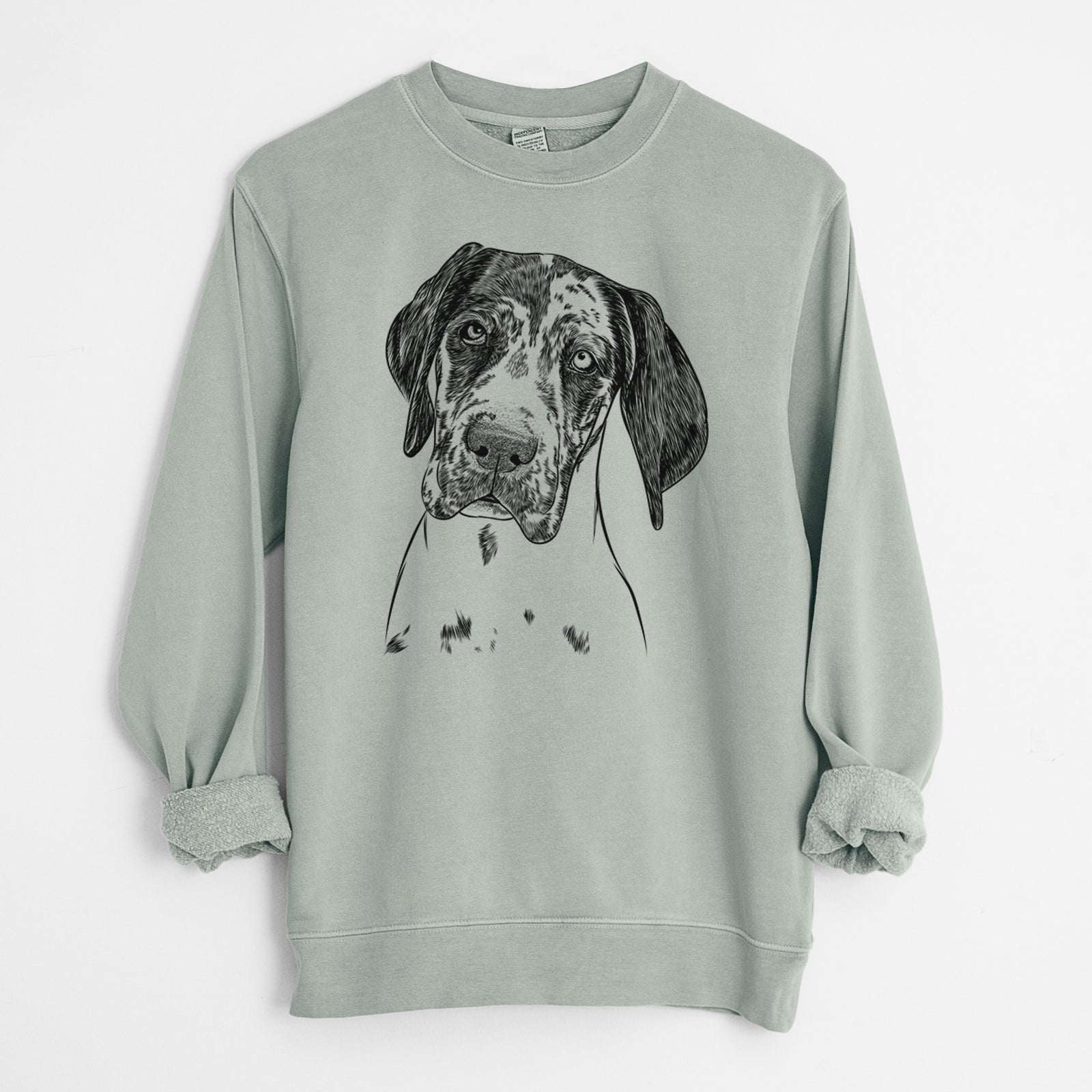 Hand-drawn sketch of Nyx the Great Dane on a Sage Unisex pigment dyed crew sweatshirt