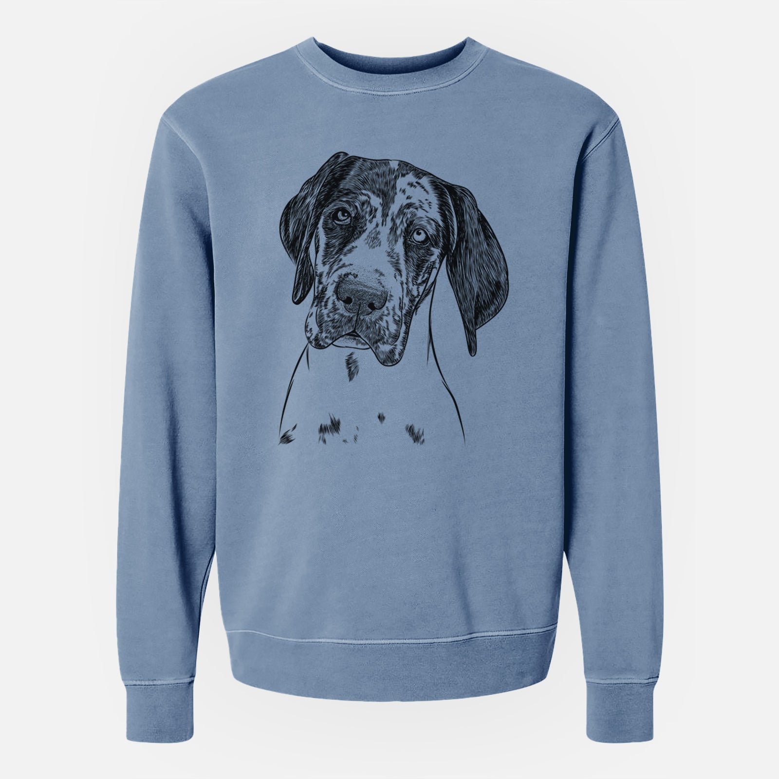Hand-drawn sketch of Nyx the Great Dane on a Slate Blue Unisex pigment dyed crew sweatshirt