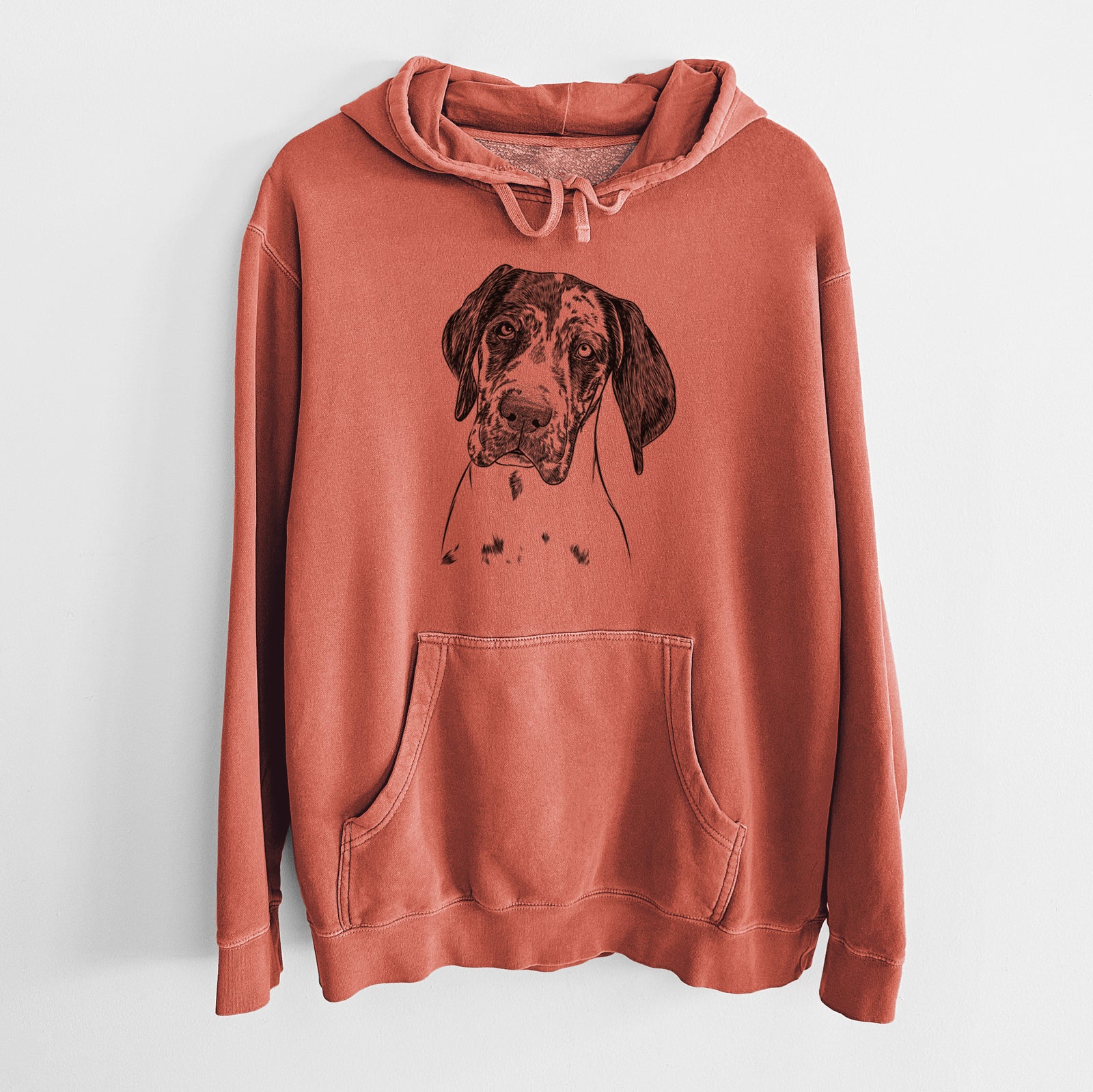Hand-drawn sketch of Nyx the Great Dane on an Amber Unisex pigment dyed hoodie
