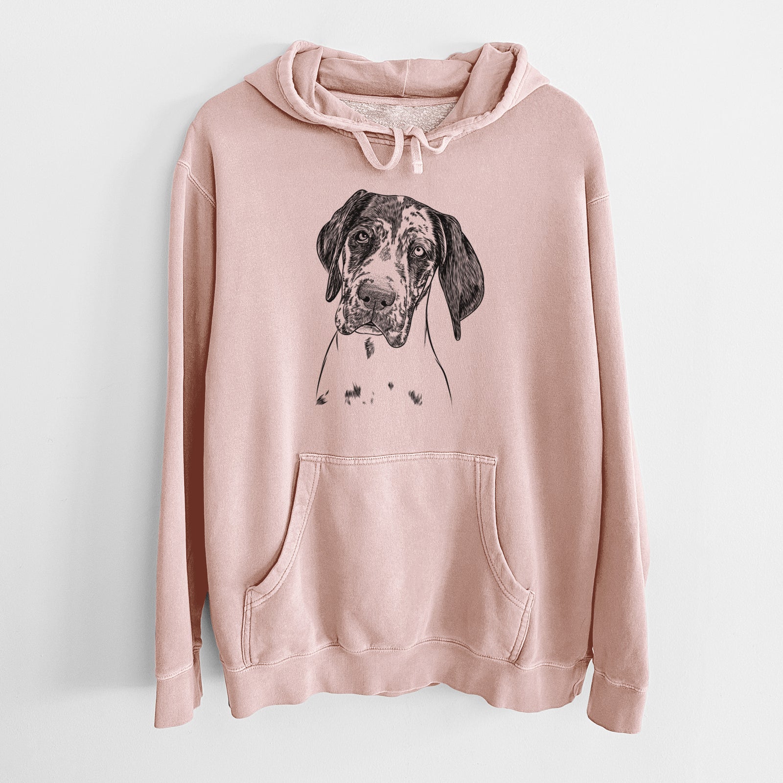 Hand-drawn sketch of Nyx the Great Dane on a Dusty Pink Unisex pigment dyed hoodie