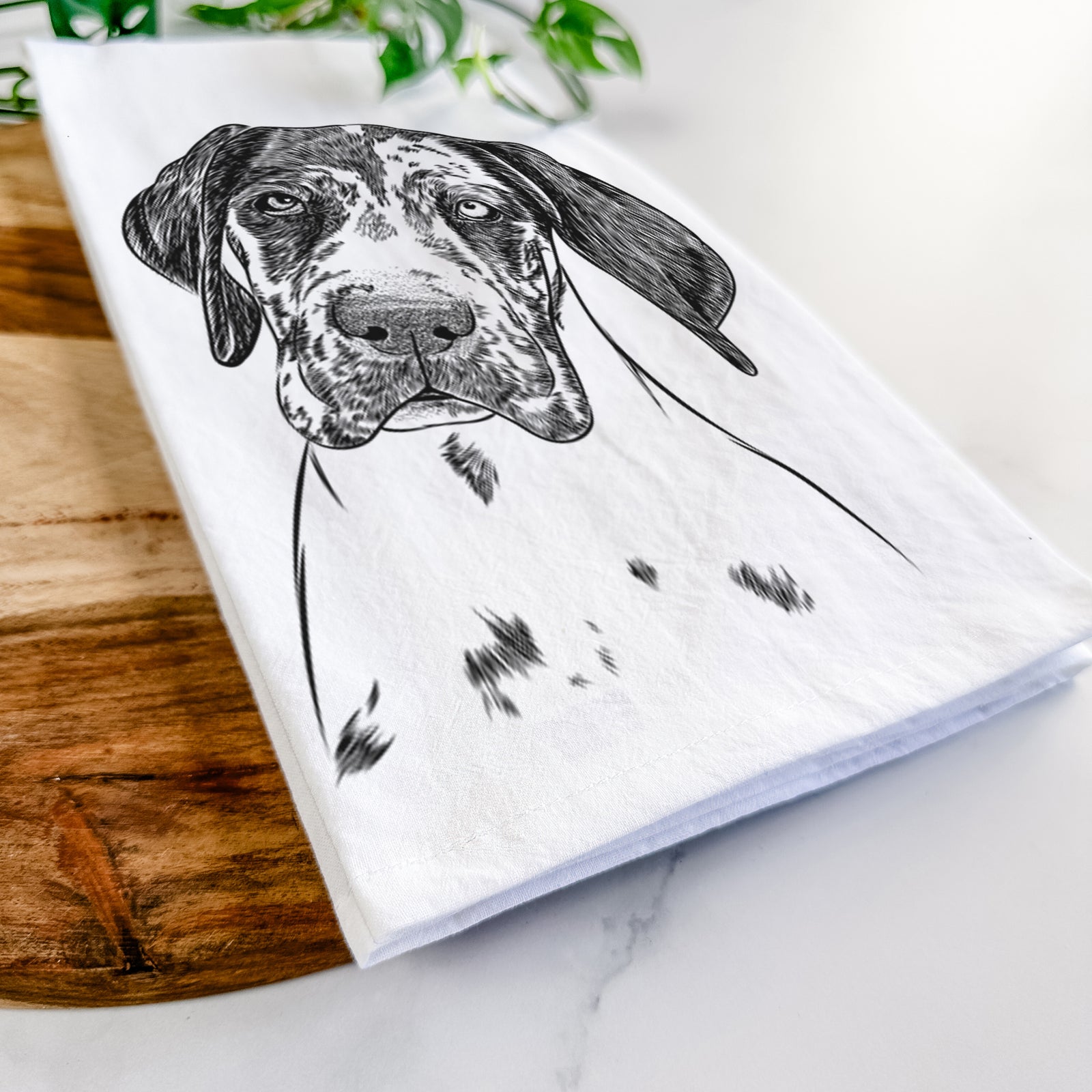 Hand-drawn sketch of Nyx the Great Dane on a tea towel