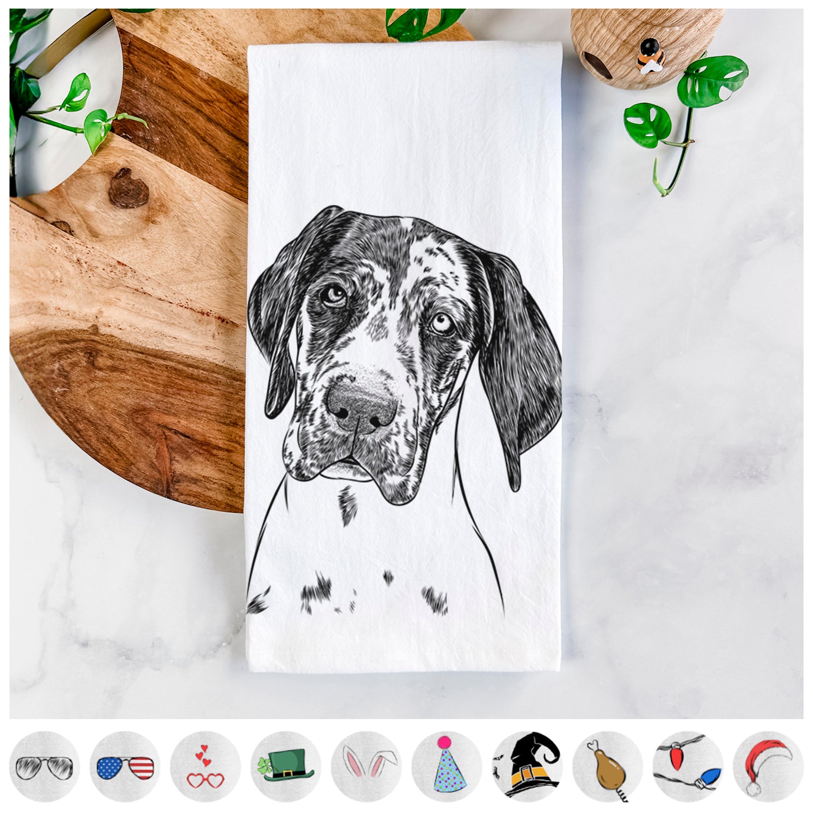 Hand-drawn sketch of Nyx the Great Dane on a tea towel, shown with icons of the other available costume styles