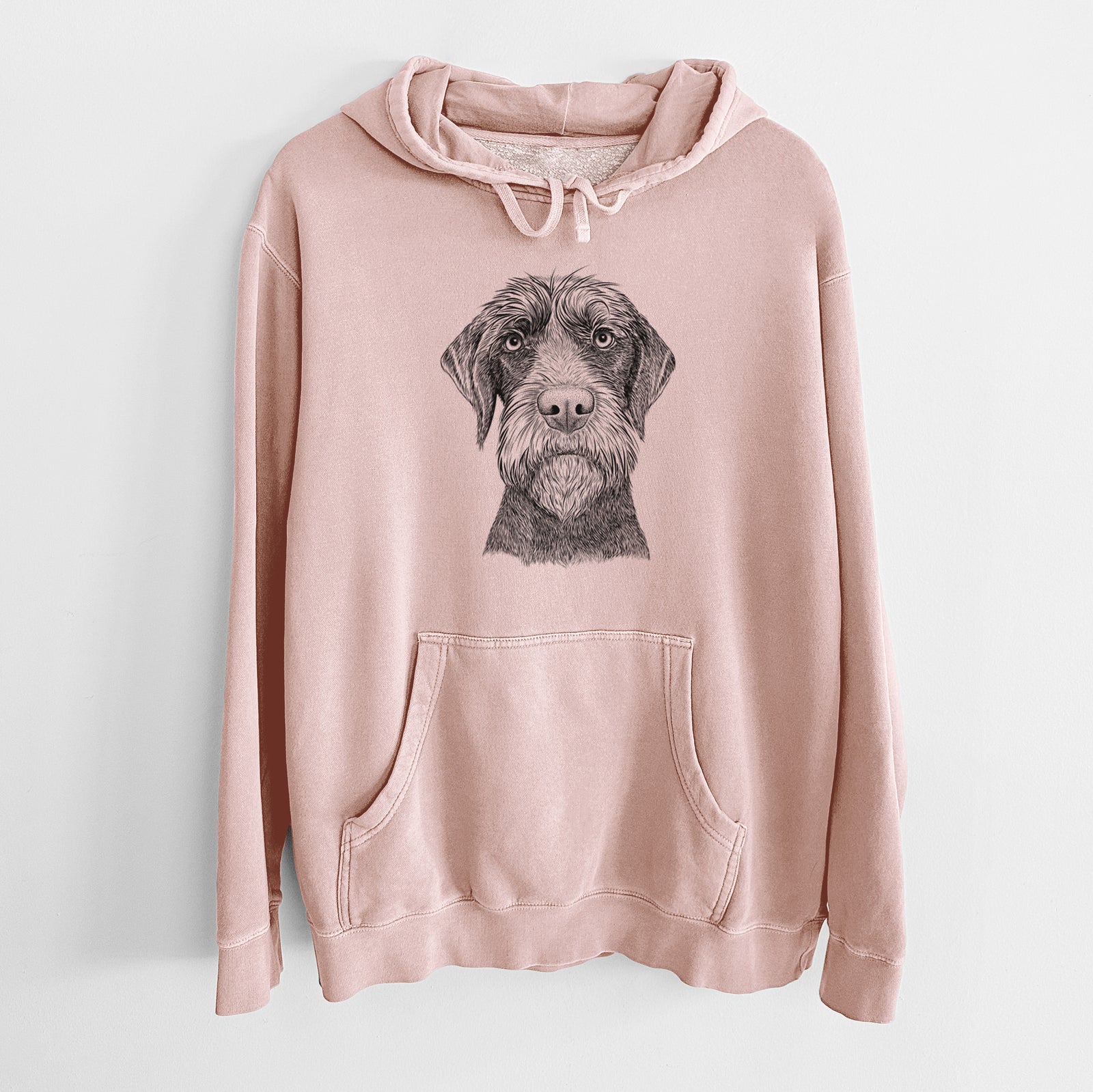 Hand-drawn sketch of Oakley the Pudelpointer on a Dusty Pink Unisex pigment dyed hoodie