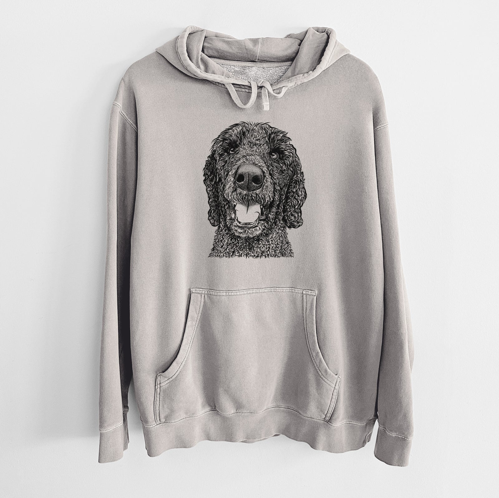 Hand-drawn sketch of Obi James the Goldendoodle on a Cement Unisex pigment dyed hoodie