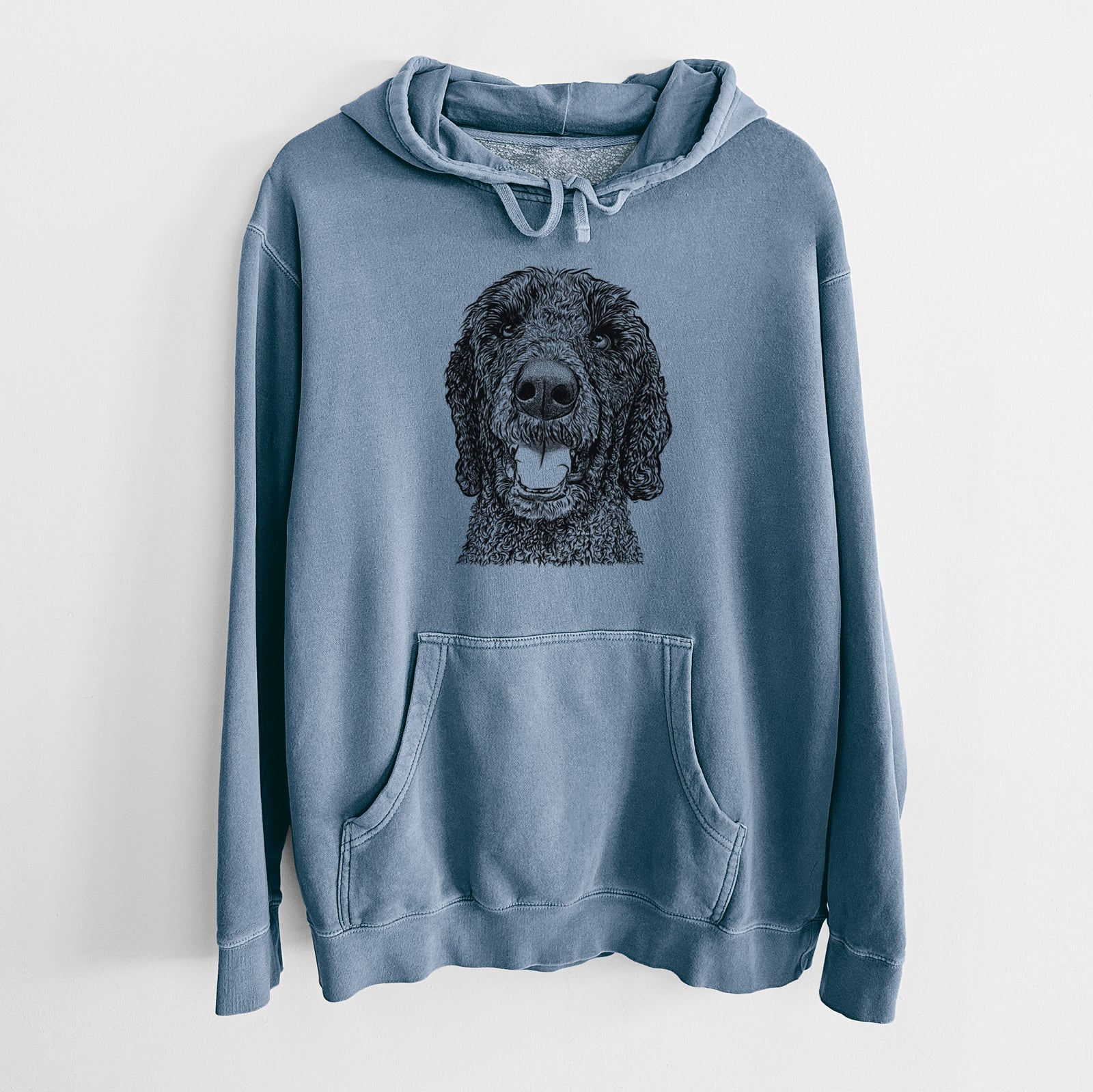 Hand-drawn sketch of Obi James the Goldendoodle on a Slate Blue Unisex pigment dyed hoodie