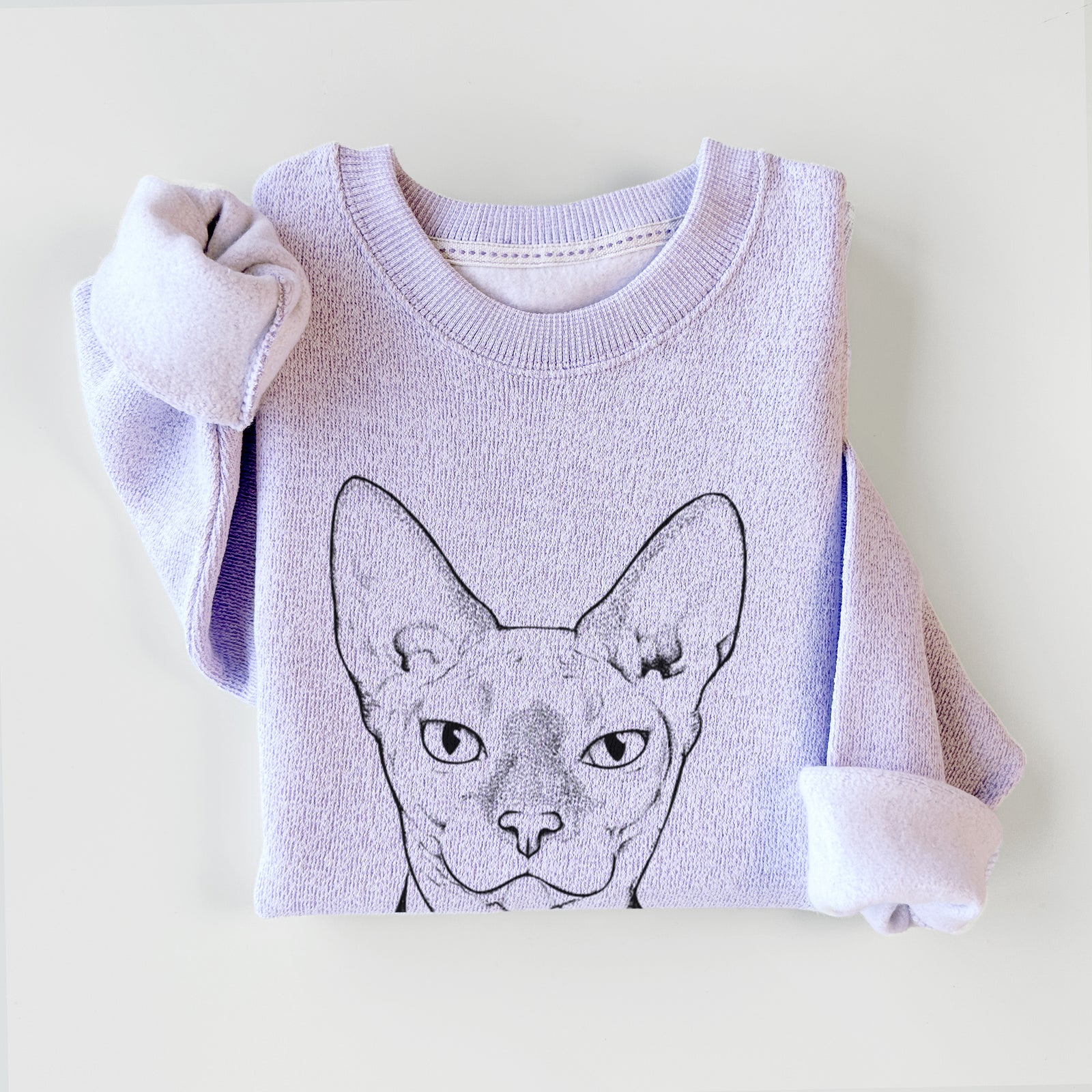 Hand-drawn sketch of Oliver Watson the Sphynx Cat on an Ice Purple knit sweatshirt
