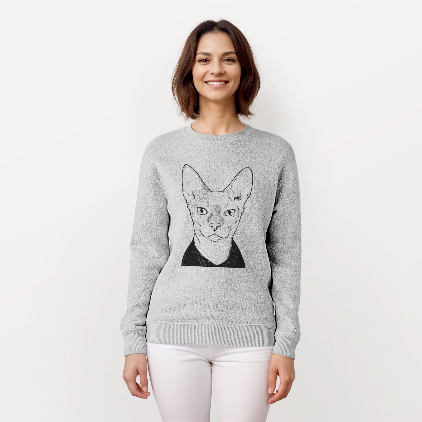 Hand-drawn sketch of Oliver Watson the Sphynx Cat on a knit sweatshirt, worn by a woman