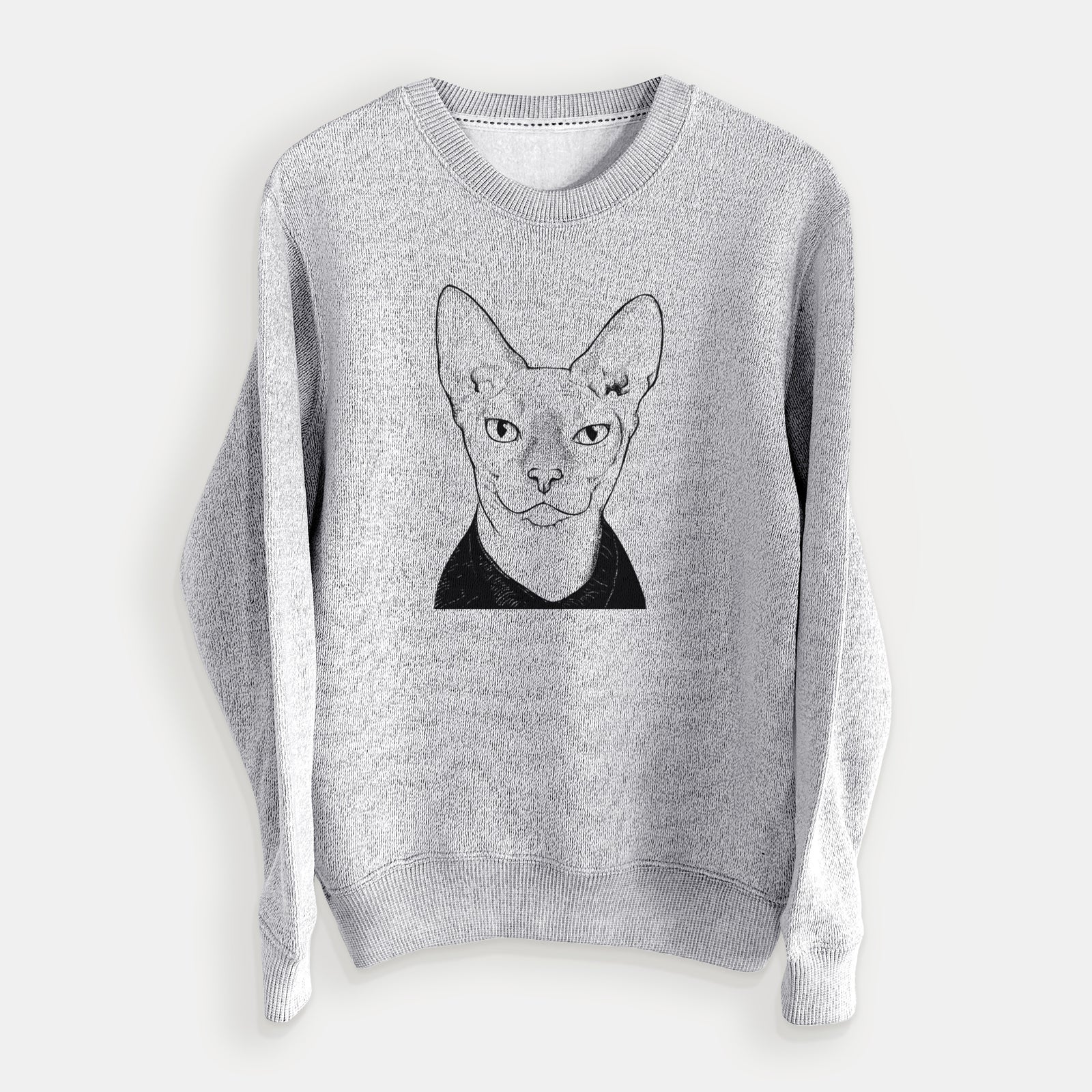 Hand-drawn sketch of Oliver Watson the Sphynx Cat on a Salt Pepper knit sweatshirt