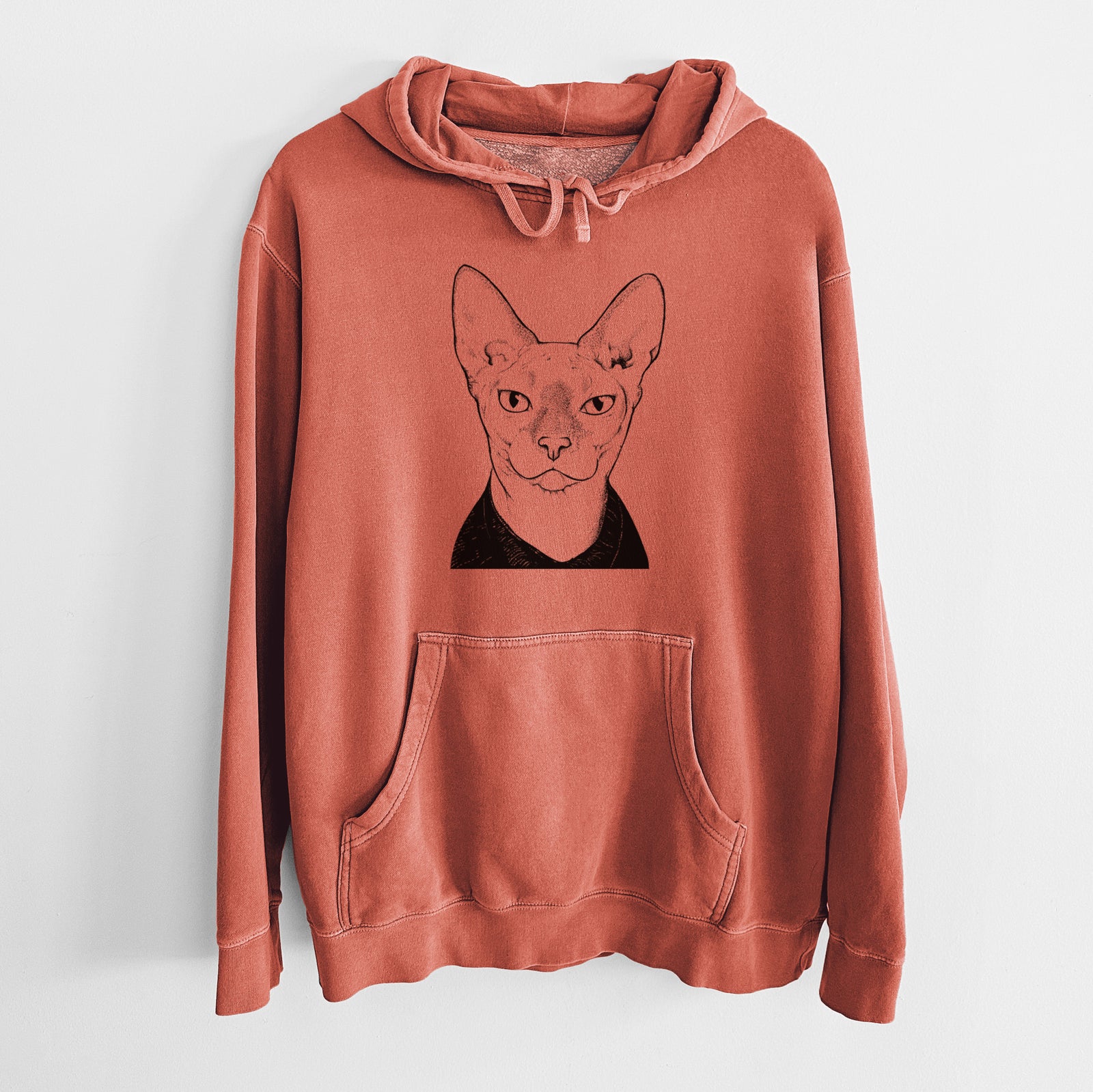 Hand-drawn sketch of Oliver Watson the Sphynx Cat on an Amber Unisex pigment dyed hoodie