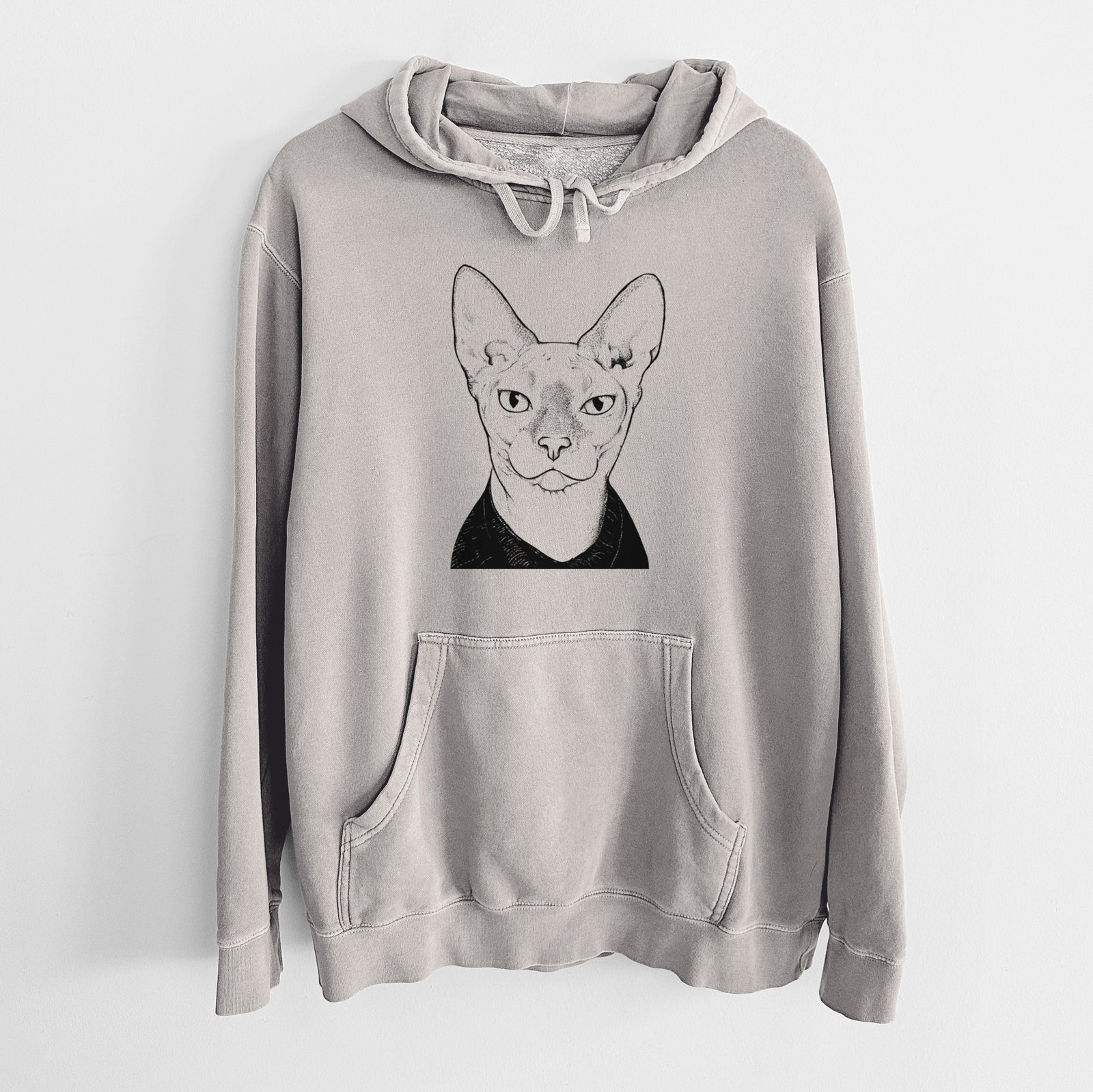 Hand-drawn sketch of Oliver Watson the Sphynx Cat on a Cement Unisex pigment dyed hoodie