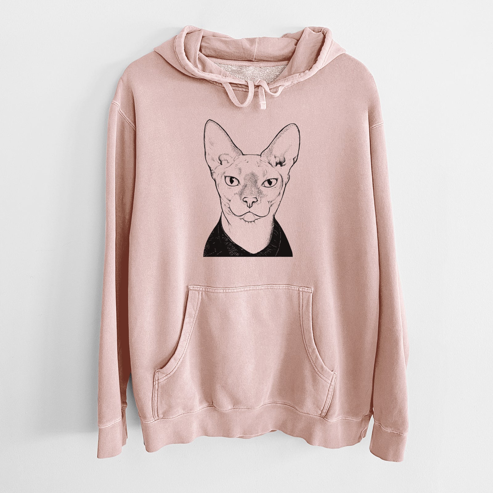 Hand-drawn sketch of Oliver Watson the Sphynx Cat on a Dusty Pink Unisex pigment dyed hoodie