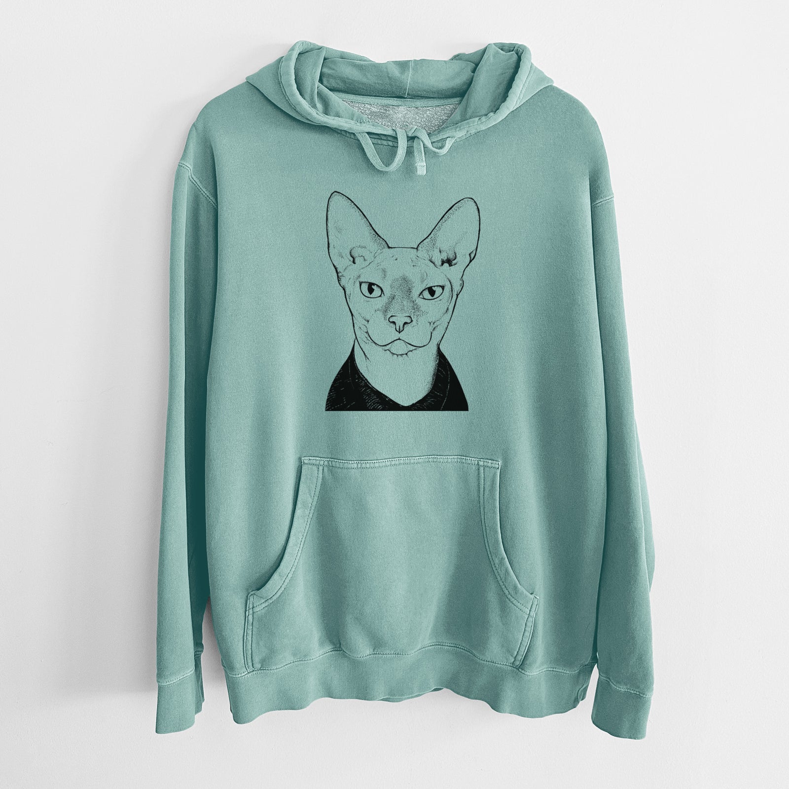 Hand-drawn sketch of Oliver Watson the Sphynx Cat on a Mint Unisex pigment dyed hoodie