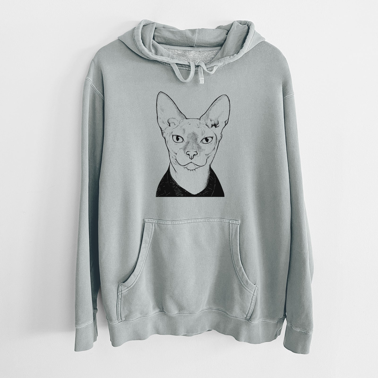 Hand-drawn sketch of Oliver Watson the Sphynx Cat on a Sage Unisex pigment dyed hoodie