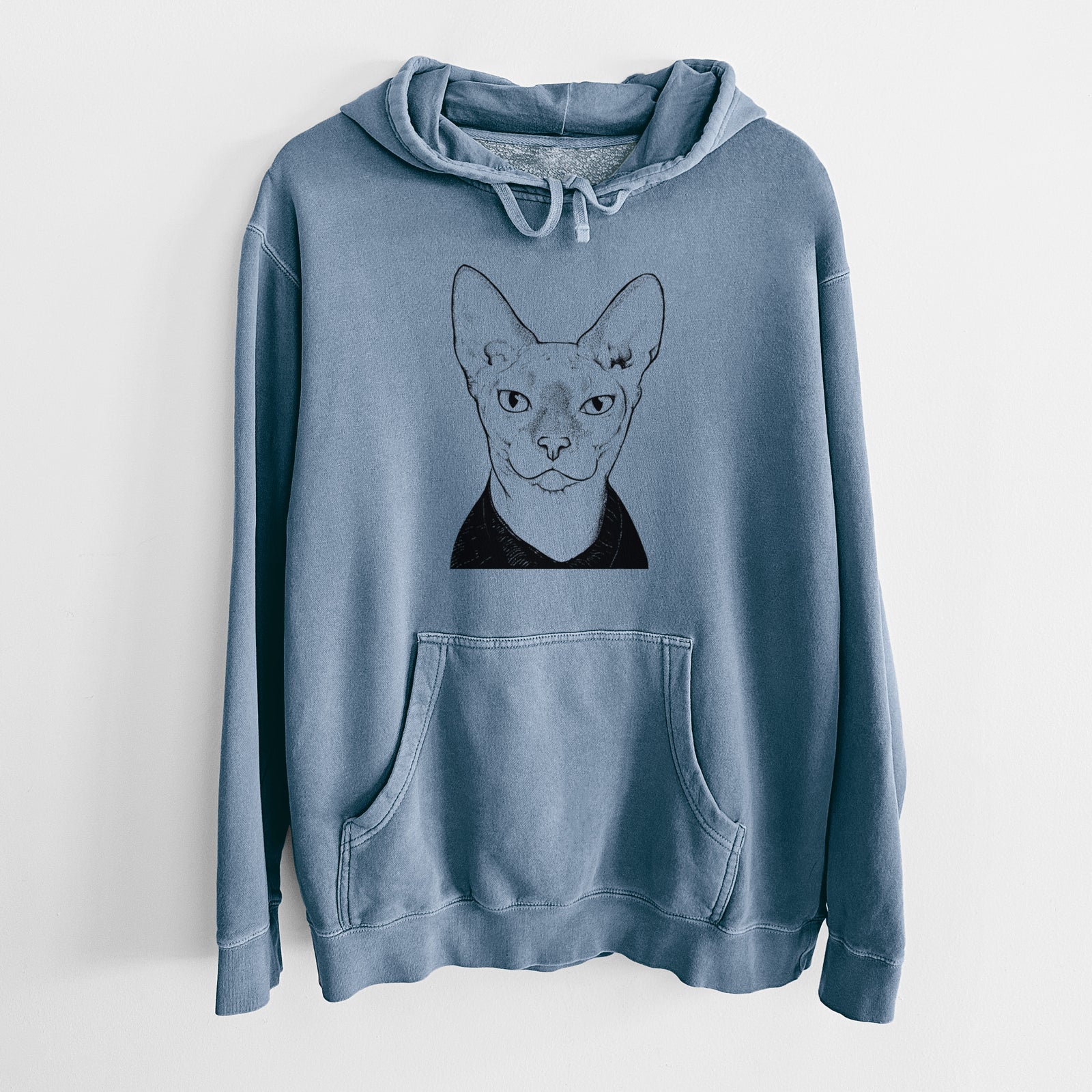 Hand-drawn sketch of Oliver Watson the Sphynx Cat on a Slate Blue Unisex pigment dyed hoodie
