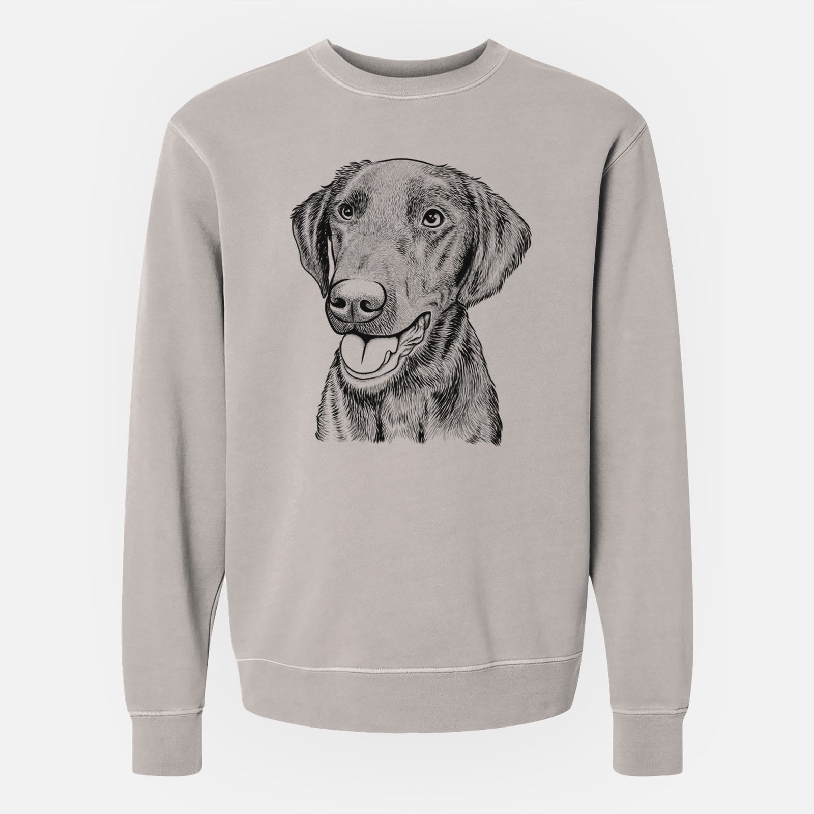 Hand-drawn sketch of Onyx the Labrador Retriever on a Cement Unisex pigment dyed crew sweatshirt