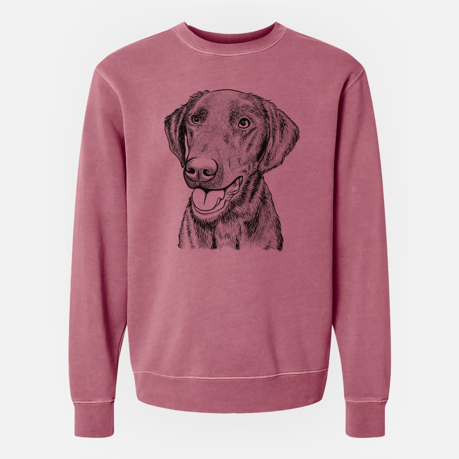 Hand-drawn sketch of Onyx the Labrador Retriever on a Maroon Unisex pigment dyed crew sweatshirt
