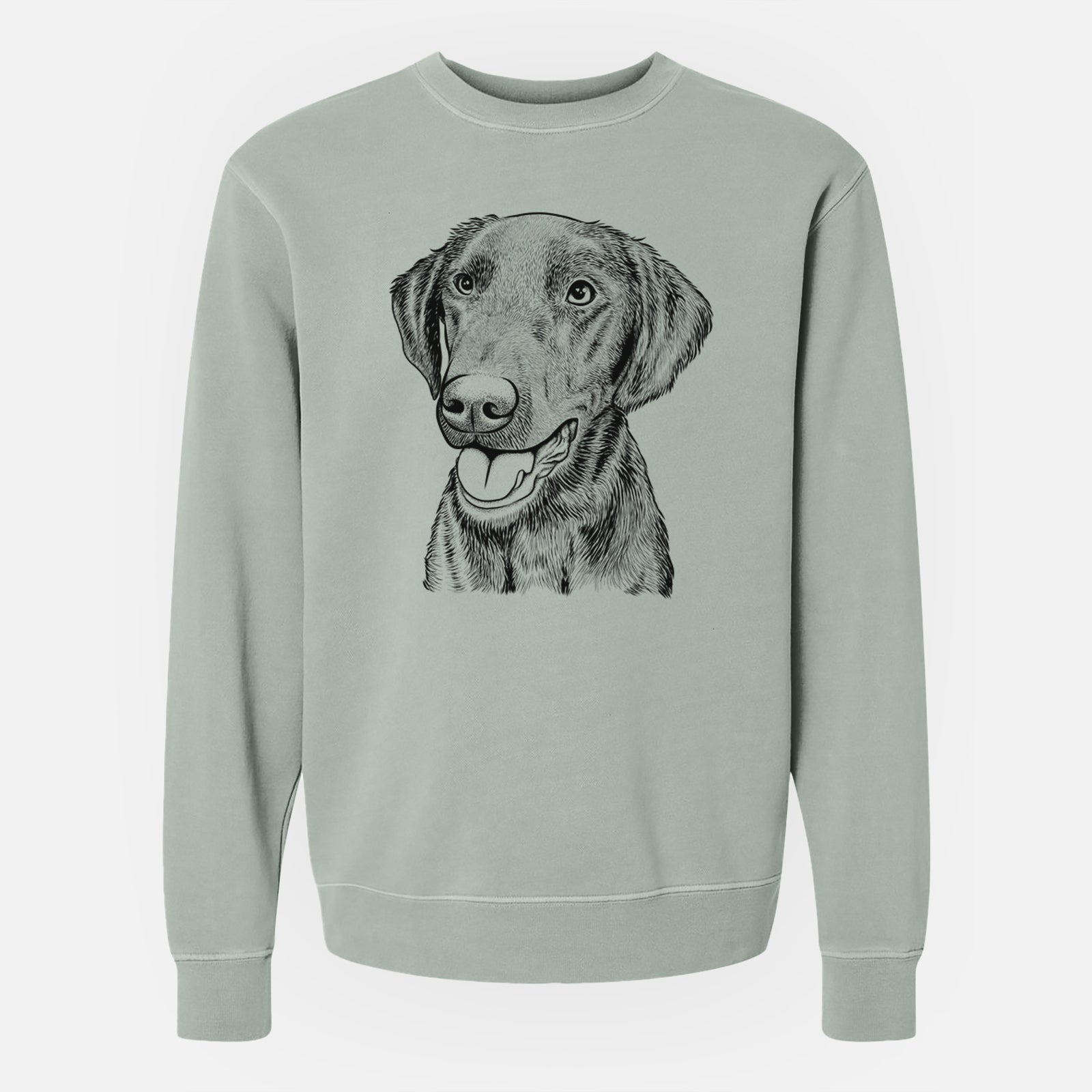 Hand-drawn sketch of Onyx the Labrador Retriever on a Sage Unisex pigment dyed crew sweatshirt