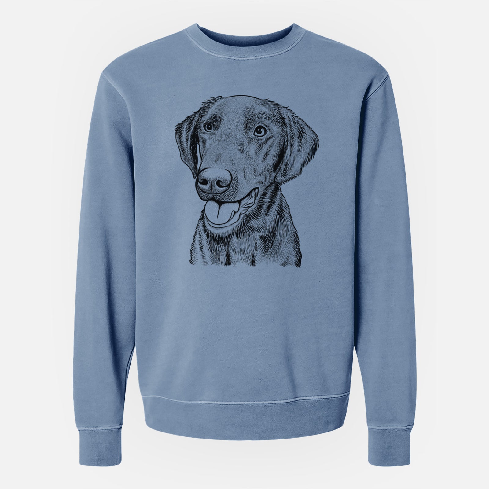 Hand-drawn sketch of Onyx the Labrador Retriever on a Slate Blue Unisex pigment dyed crew sweatshirt