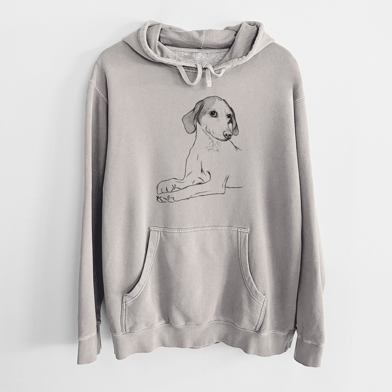 Hand-drawn sketch of Opie the Foxhound on a Cement Unisex pigment dyed hoodie