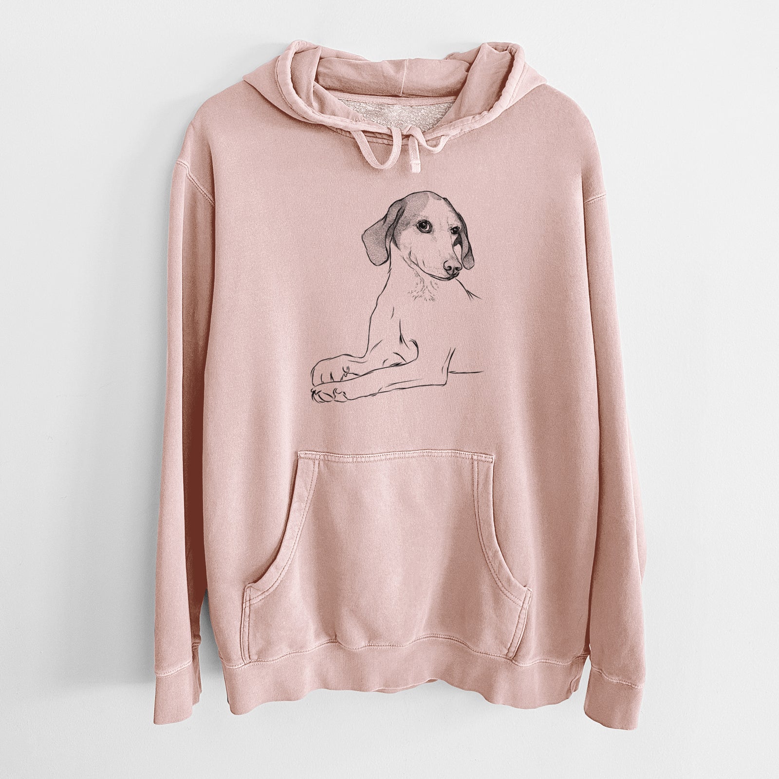 Hand-drawn sketch of Opie the Foxhound on a Dusty Pink Unisex pigment dyed hoodie