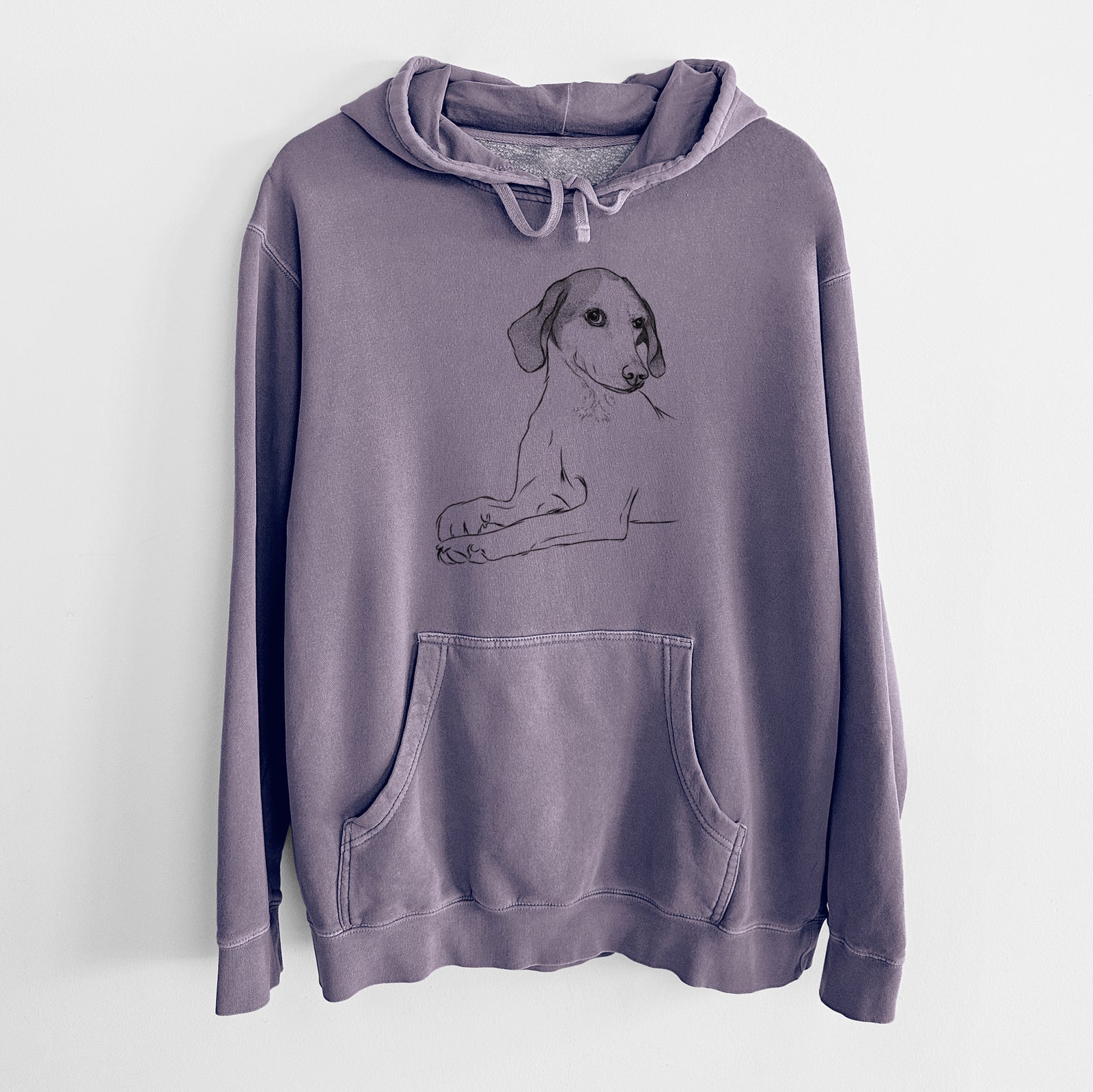 Hand-drawn sketch of Opie the Foxhound on a Plum Unisex pigment dyed hoodie