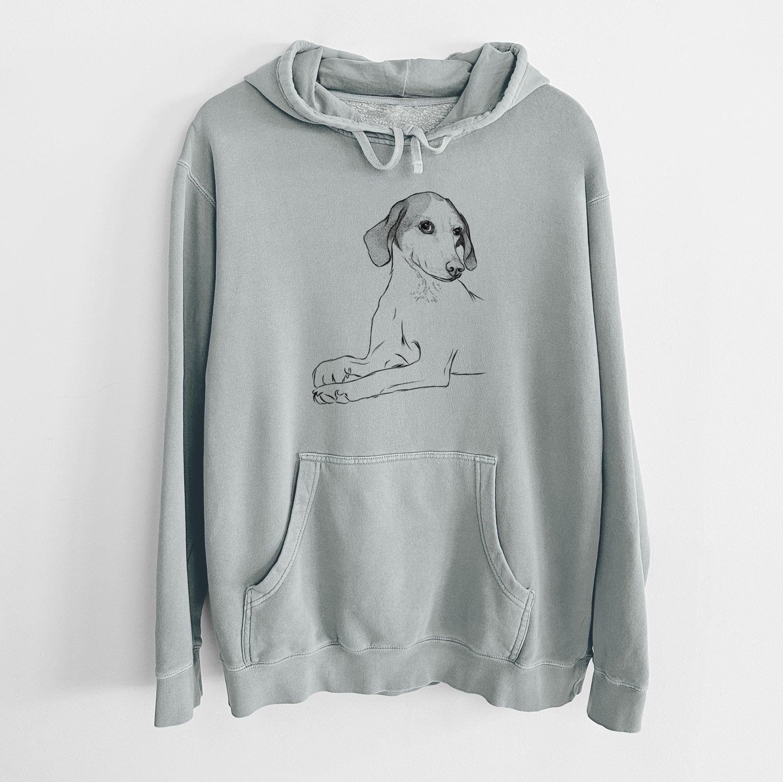 Hand-drawn sketch of Opie the Foxhound on a Sage Unisex pigment dyed hoodie
