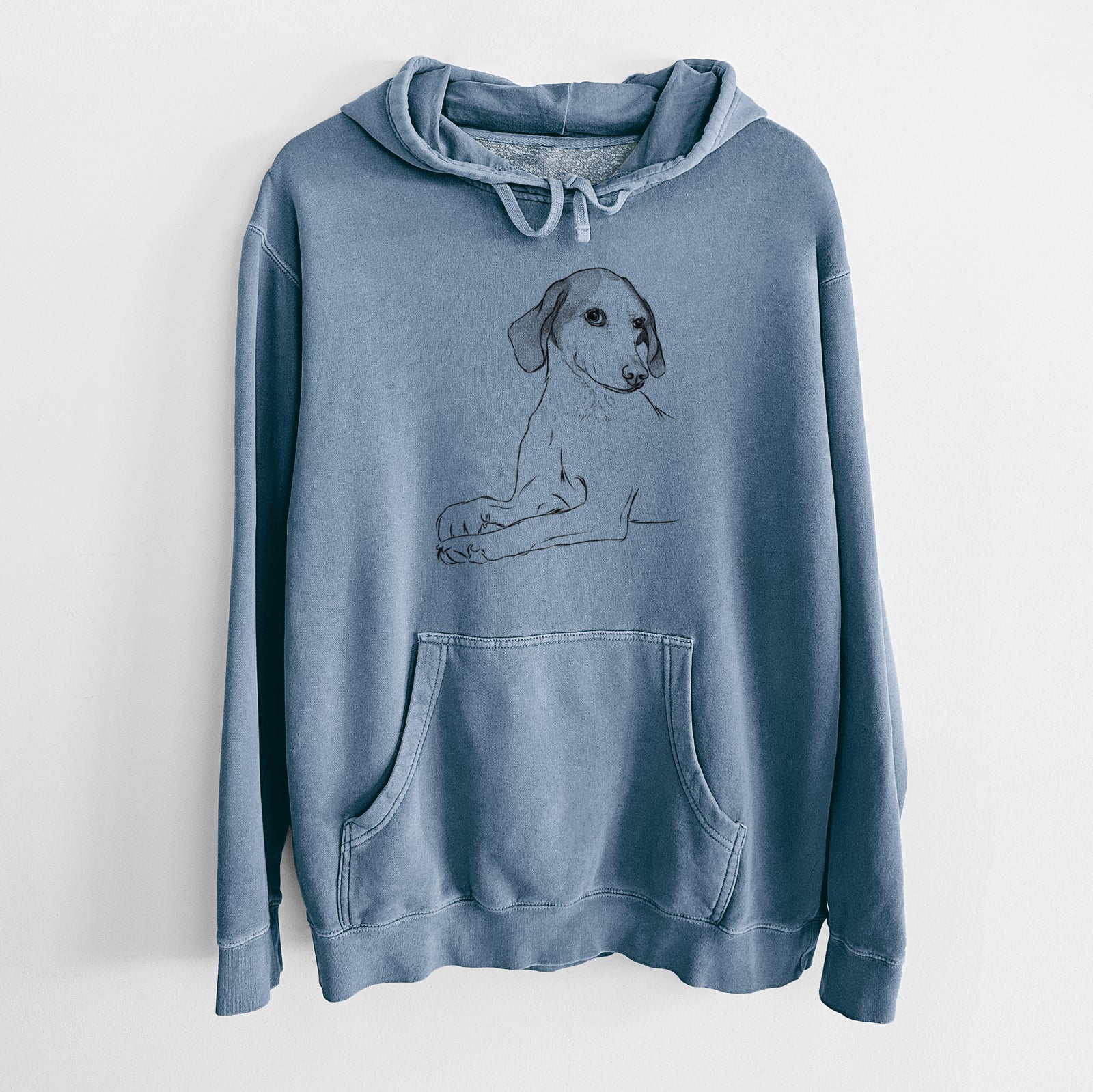 Hand-drawn sketch of Opie the Foxhound on a Slate Blue Unisex pigment dyed hoodie