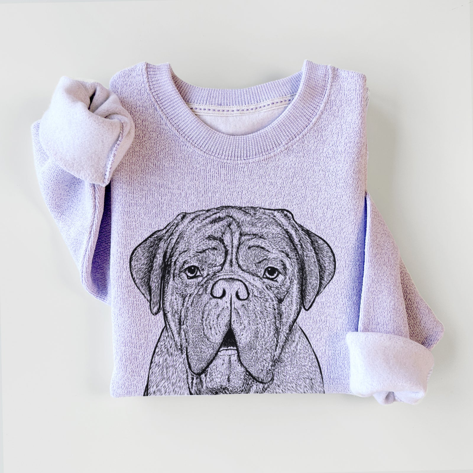 Hand-drawn sketch of Optimus the Dogue de Bordeaux on an Ice Purple knit sweatshirt
