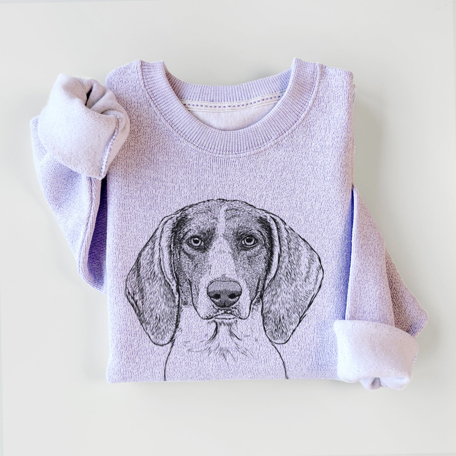 Hand-drawn sketch of Orin the Treeing Walker Coonhound on an Ice Purple knit sweatshirt