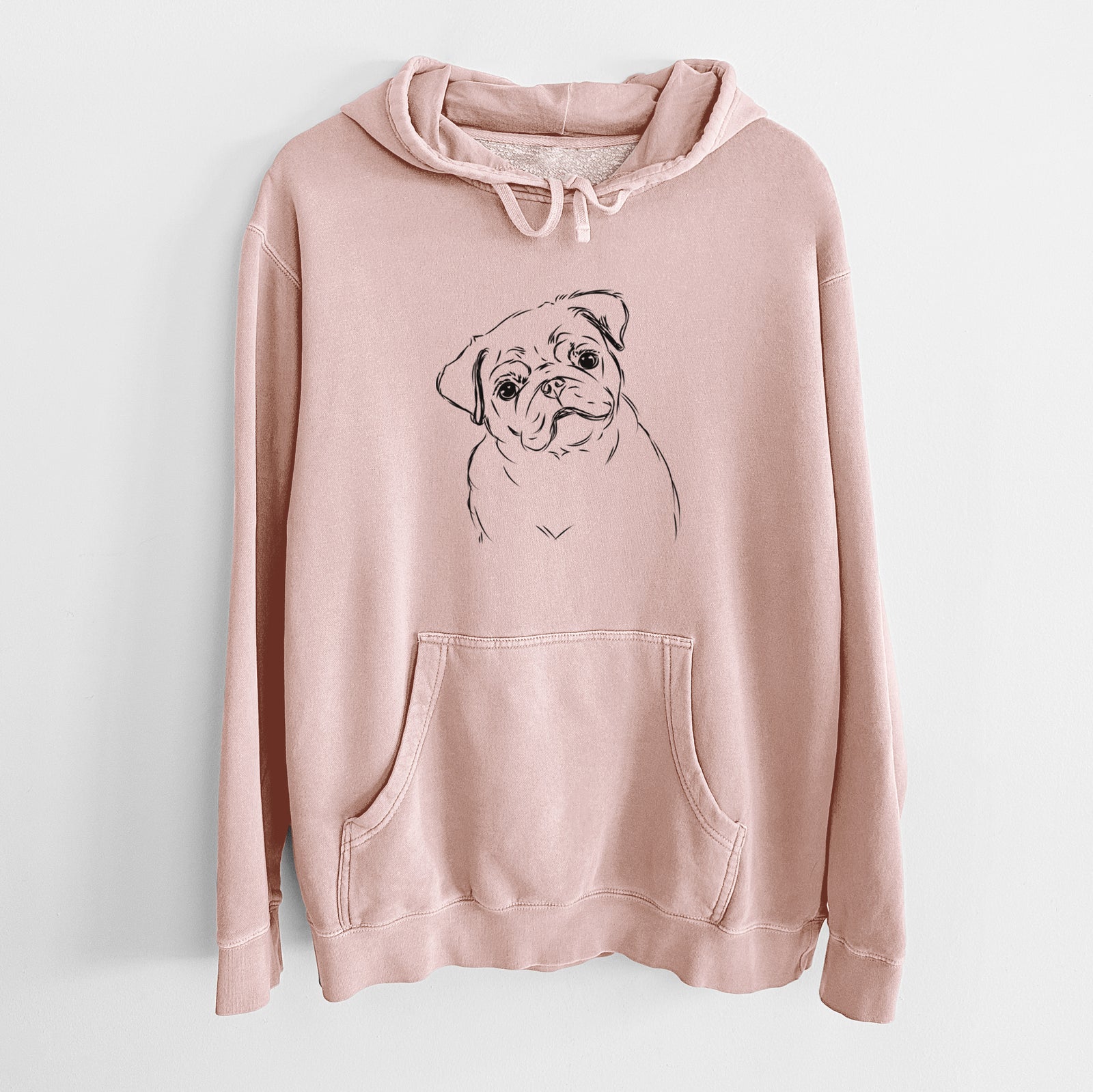 Hand-drawn sketch of Otis the Pug on a Dusty Pink Unisex pigment dyed hoodie