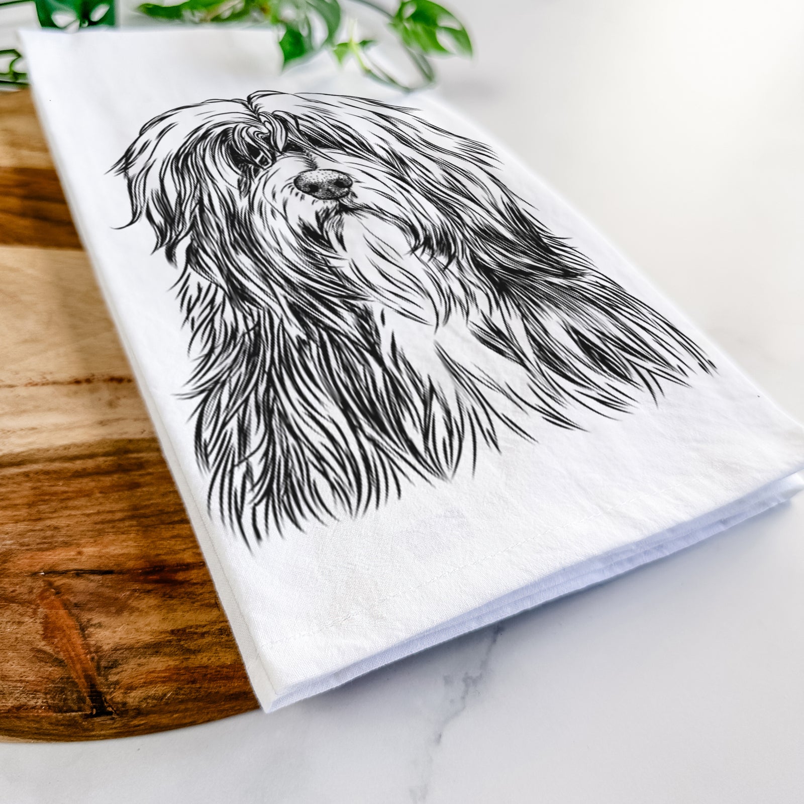 Hand-drawn sketch of Otto the Polish Lowland Sheepdog on a tea towel