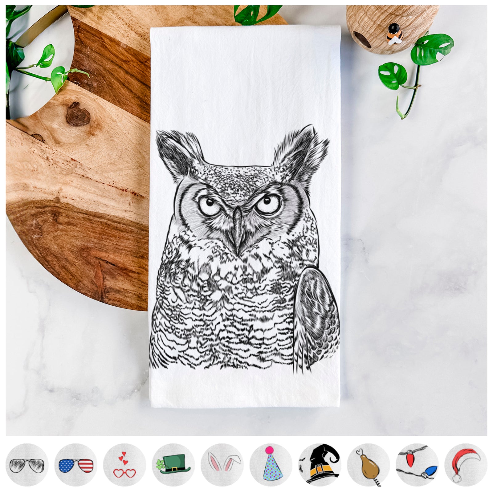 Hand-drawn sketch of Ozwald the Grey Horned Owl on a tea towel, shown with icons of the other available costume styles