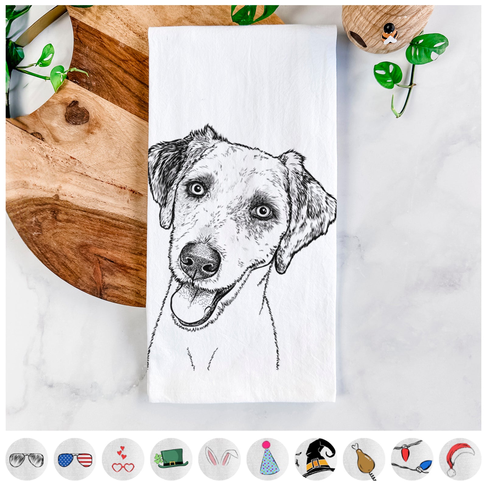 Hand-drawn sketch of Palm Palm the Aussiedoodle on a tea towel, shown with icons of the other available costume styles