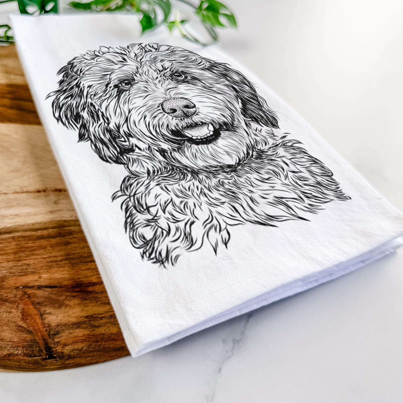 Hand-drawn sketch of Palmer the Aussiedoodle on a tea towel