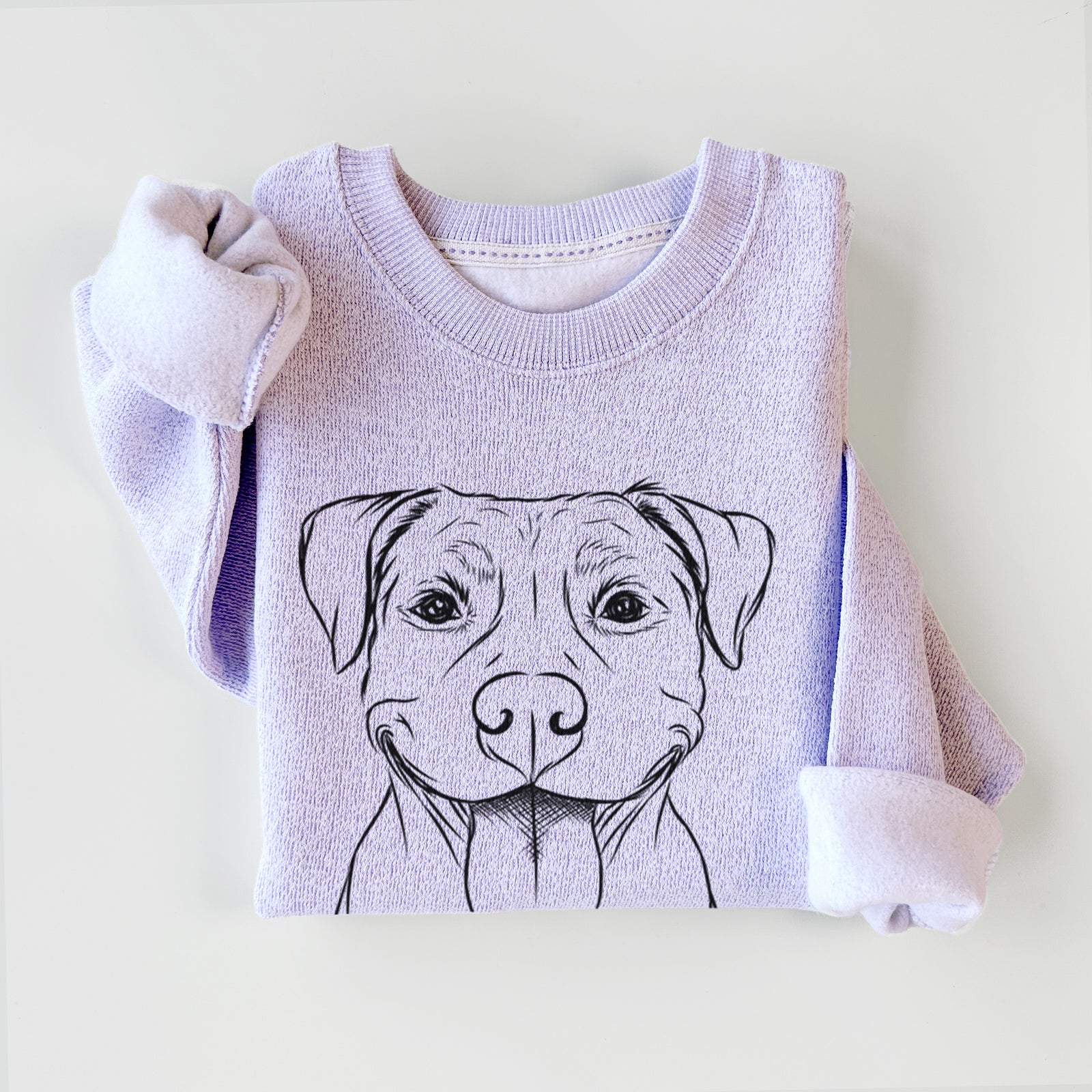 Hand-drawn sketch of Parker the Pitbull on an Ice Purple knit sweatshirt