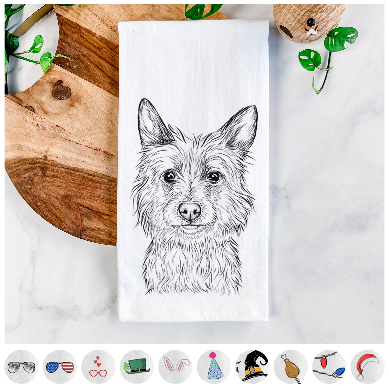 Hand-drawn sketch of Paulo the Portuguese Podengo on a tea towel, shown with icons of the other available costume styles
