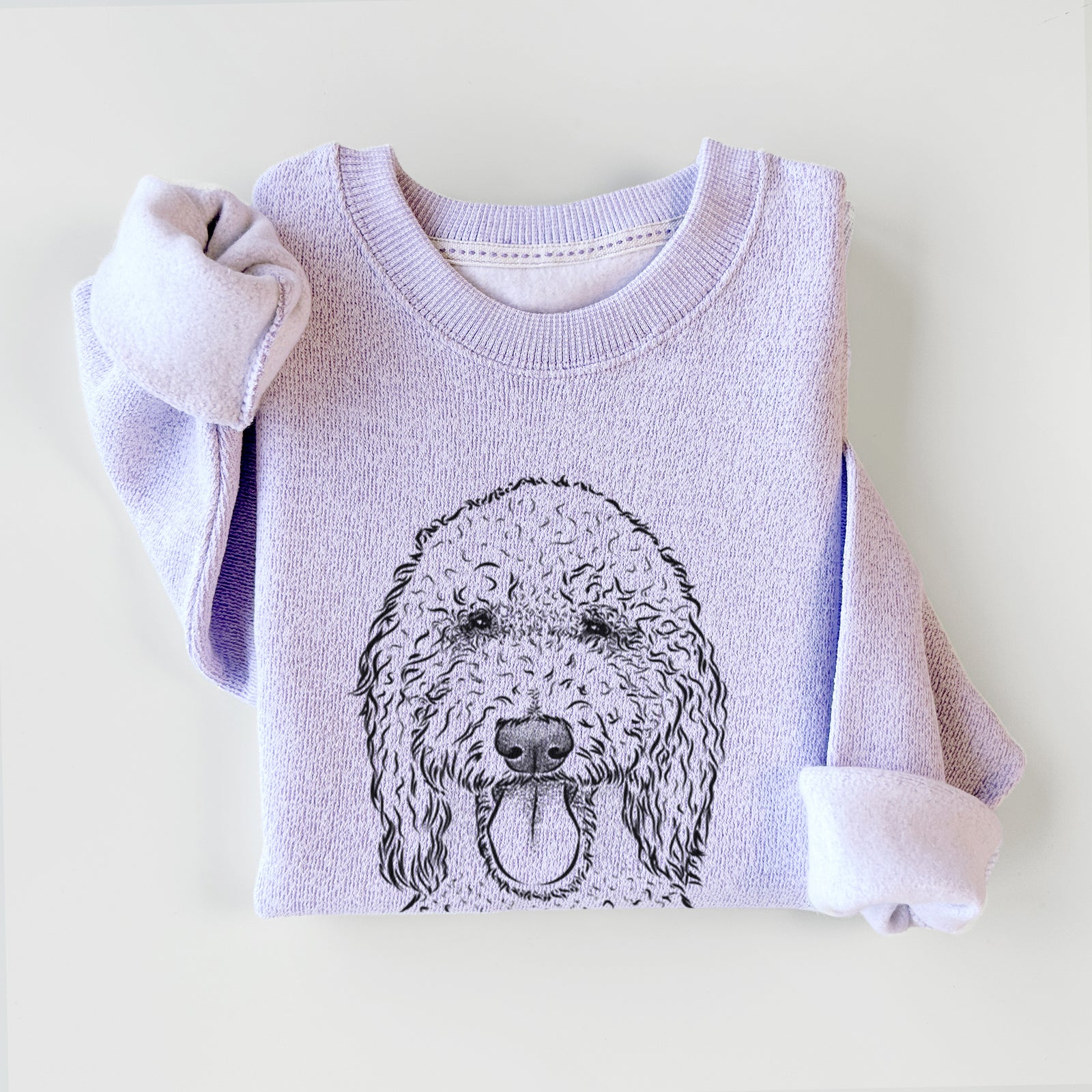 Hand-drawn sketch of Pavlov the Goldendoodle on an Ice Purple knit sweatshirt