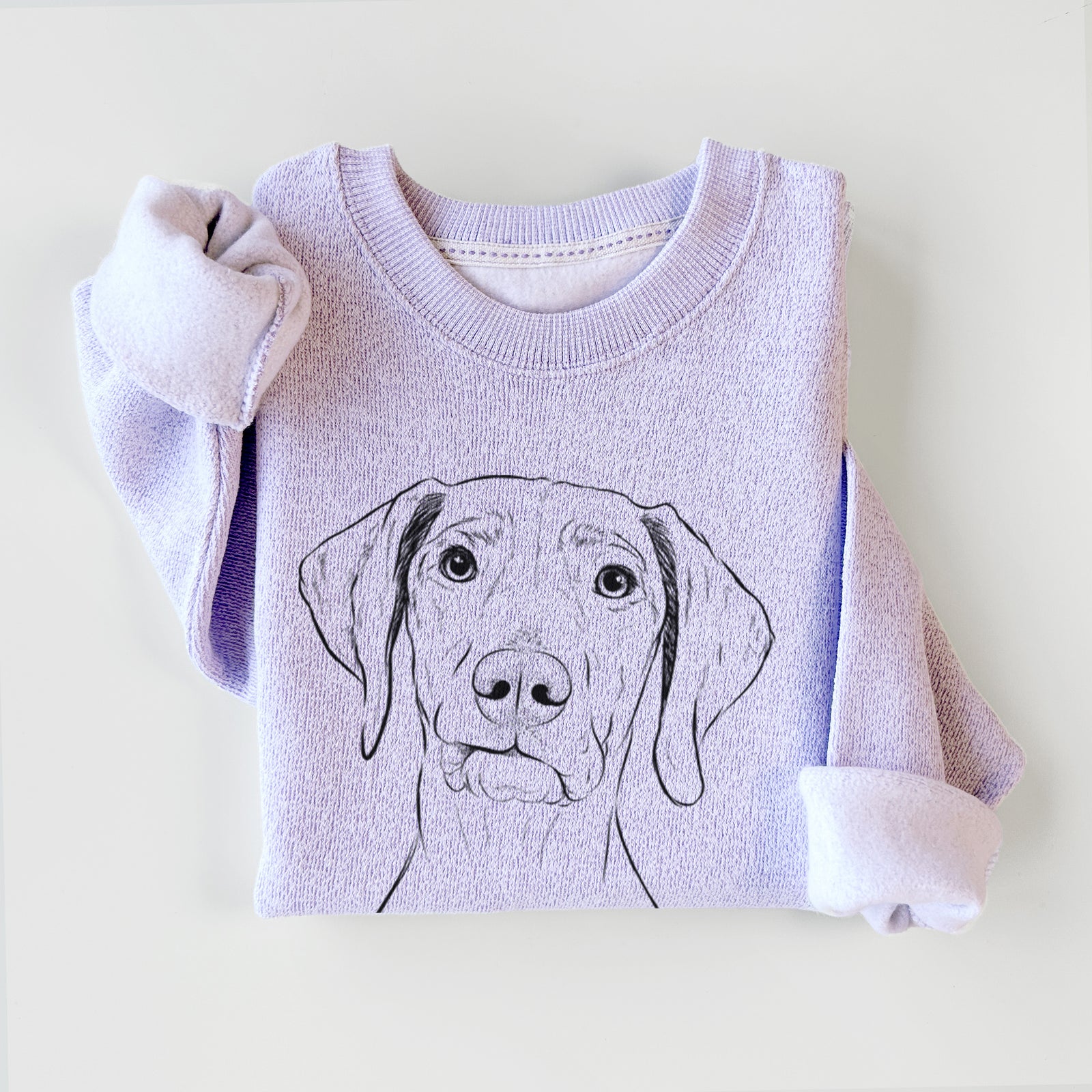 Hand-drawn sketch of Pawley the Vizsla on an Ice Purple knit sweatshirt